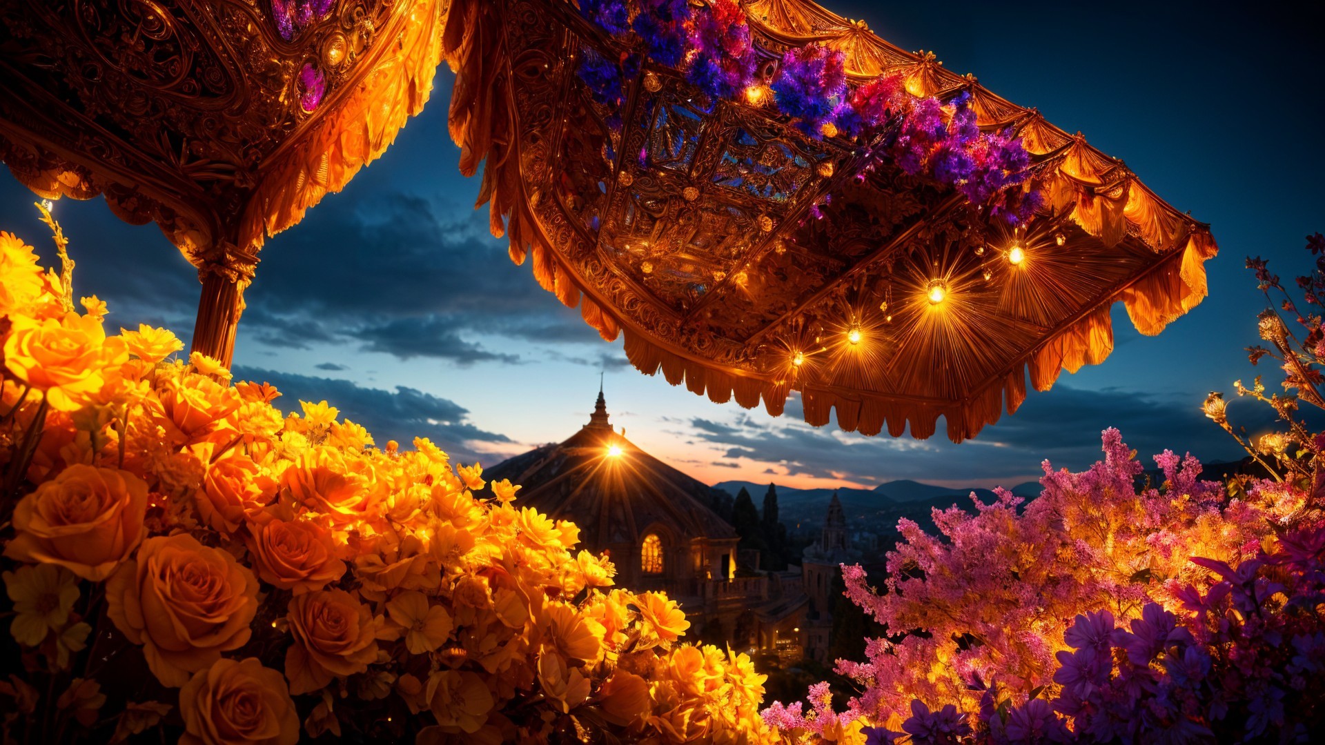 Twilight Scene with Vibrant Flowers and Illuminated Canopies