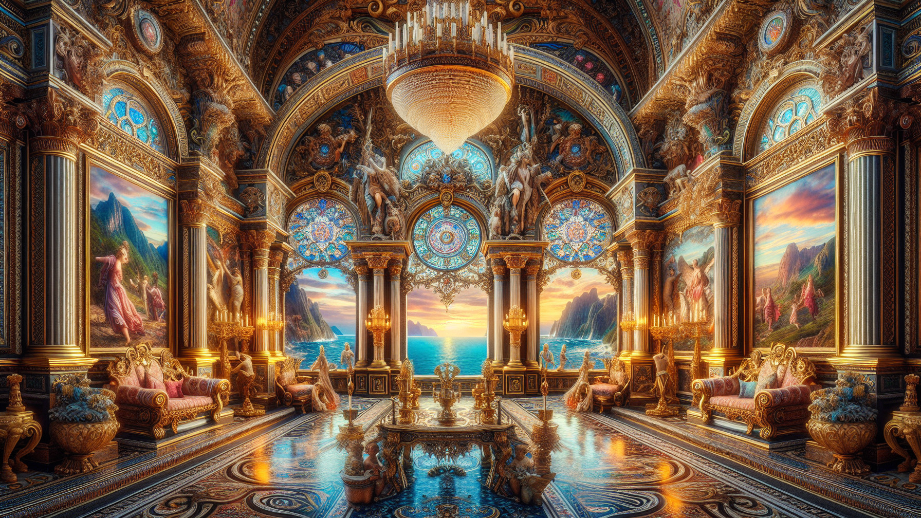 Ornate Grand Hall with High Ceilings and Chandelier