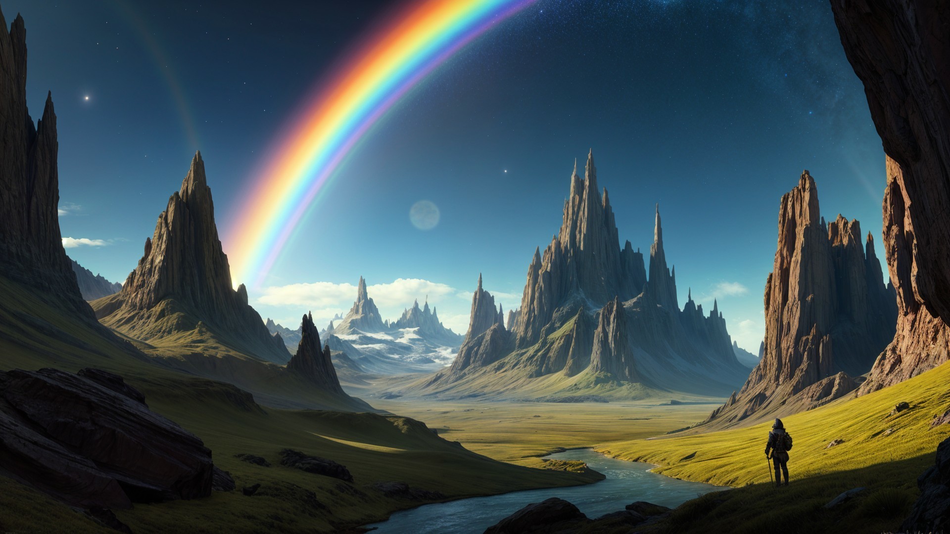 Majestic Mountains and Rainbow Over Serene Landscape