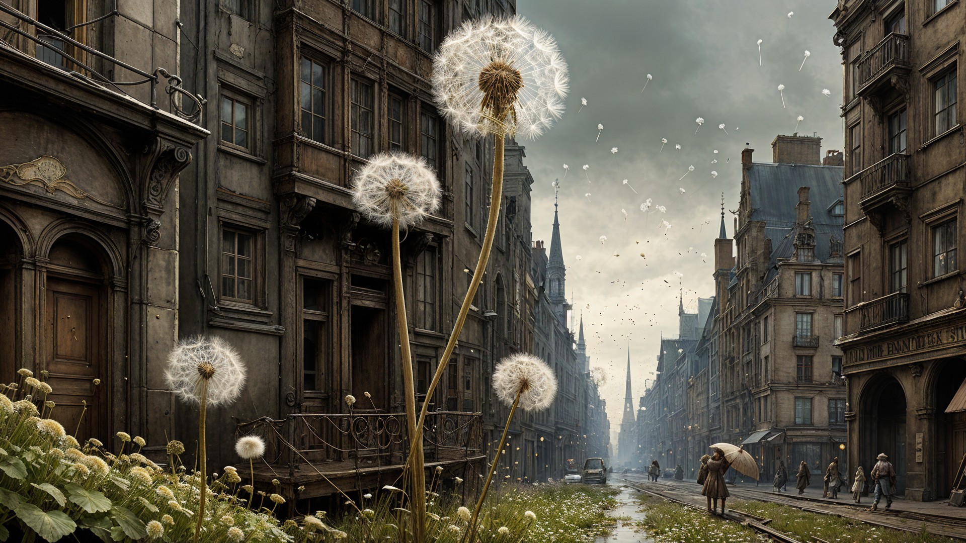 Misty Street with Giant Dandelions and Historic Buildings