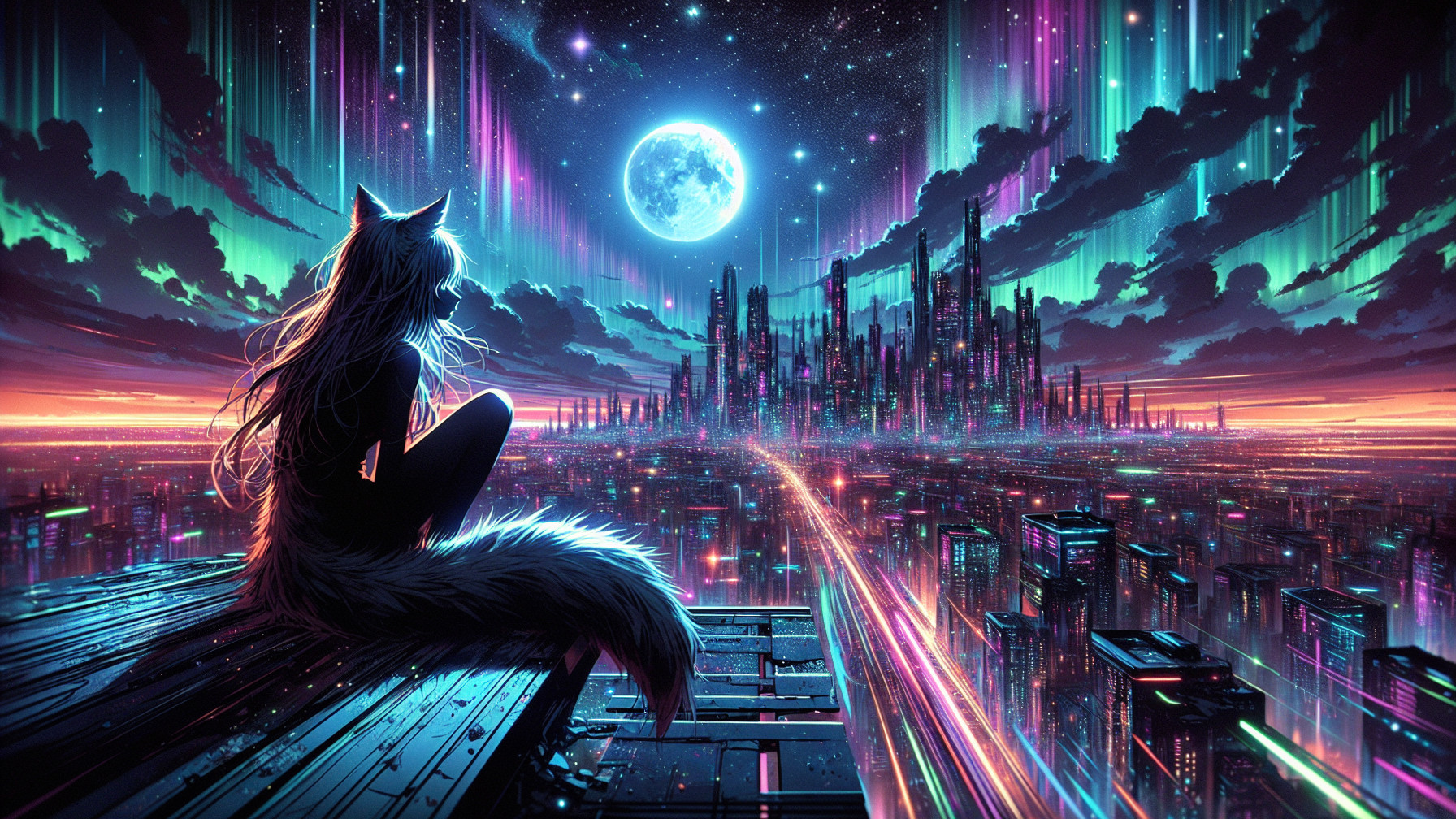 Futuristic Cityscape with Fox-like Figure at Night