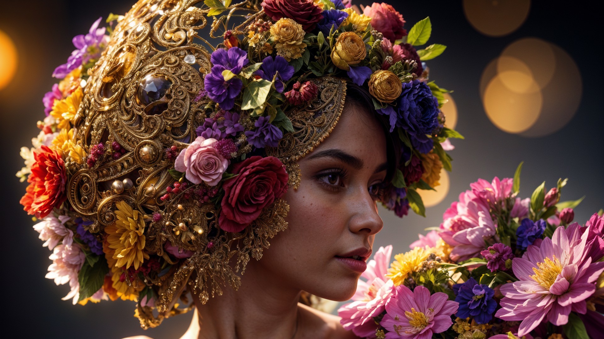 Elegant Woman in Floral Headdress with Golden Details