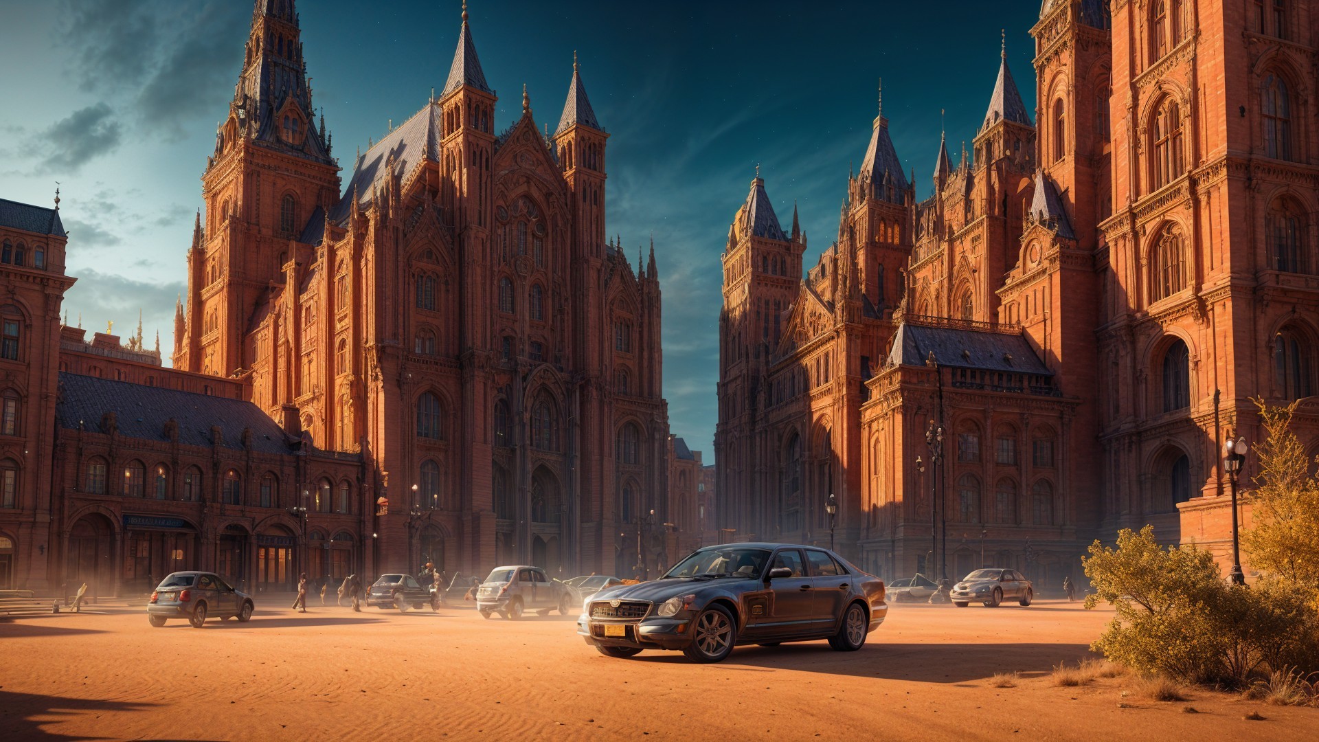 Futuristic Cityscape with Gothic Architecture and Vehicles
