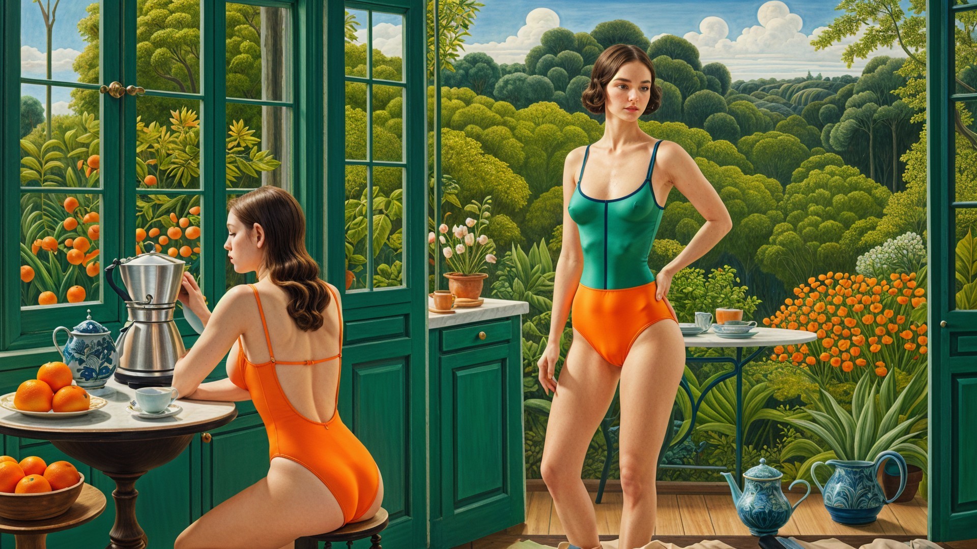 Indoor Scene with Women, Coffee Maker, and Garden View