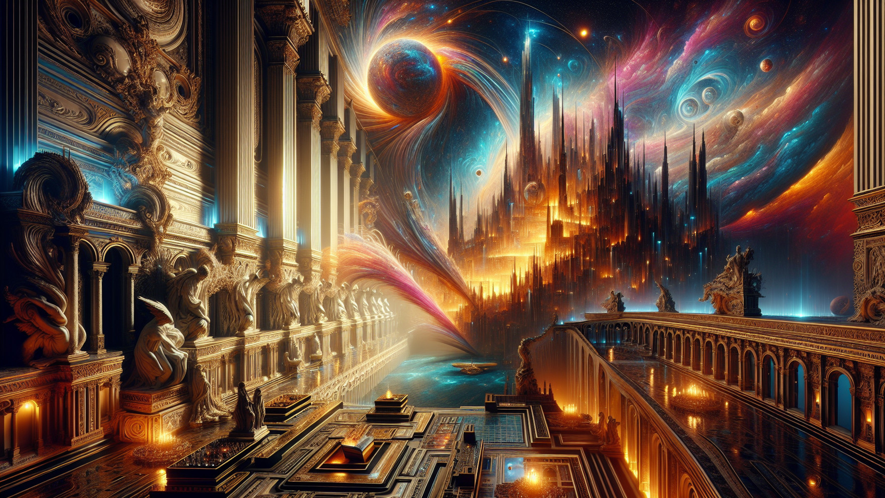 Surreal Utopian Cityscape with Cosmic Sky and Canals