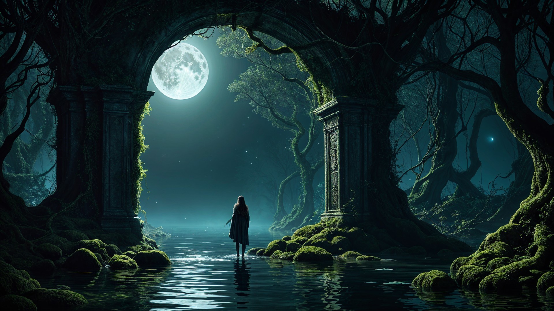 Serene Moonlit Scene with Archway and Tranquil Waters