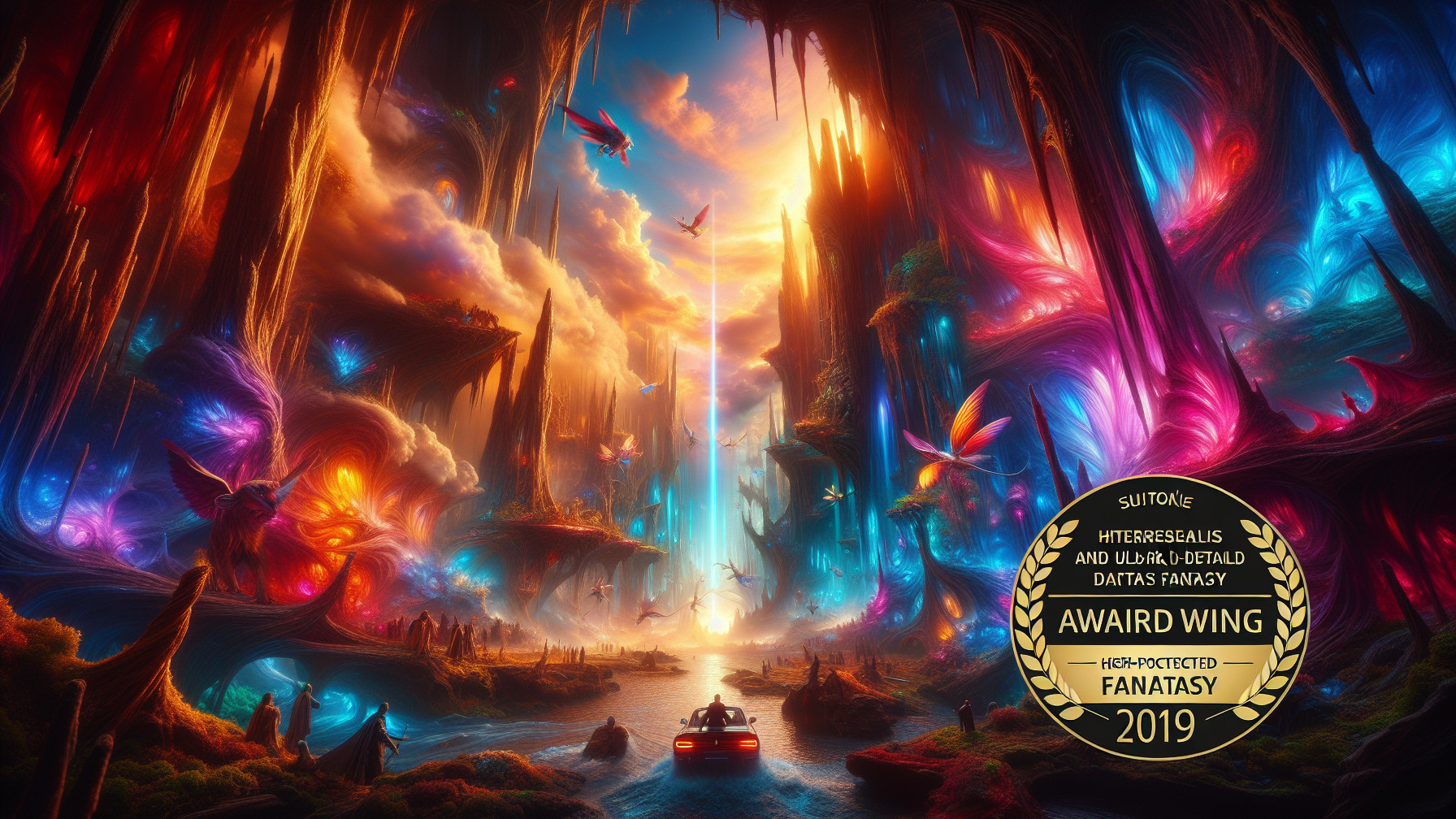 Vibrant Fantasy Landscape with Luminous Flora and Creatures