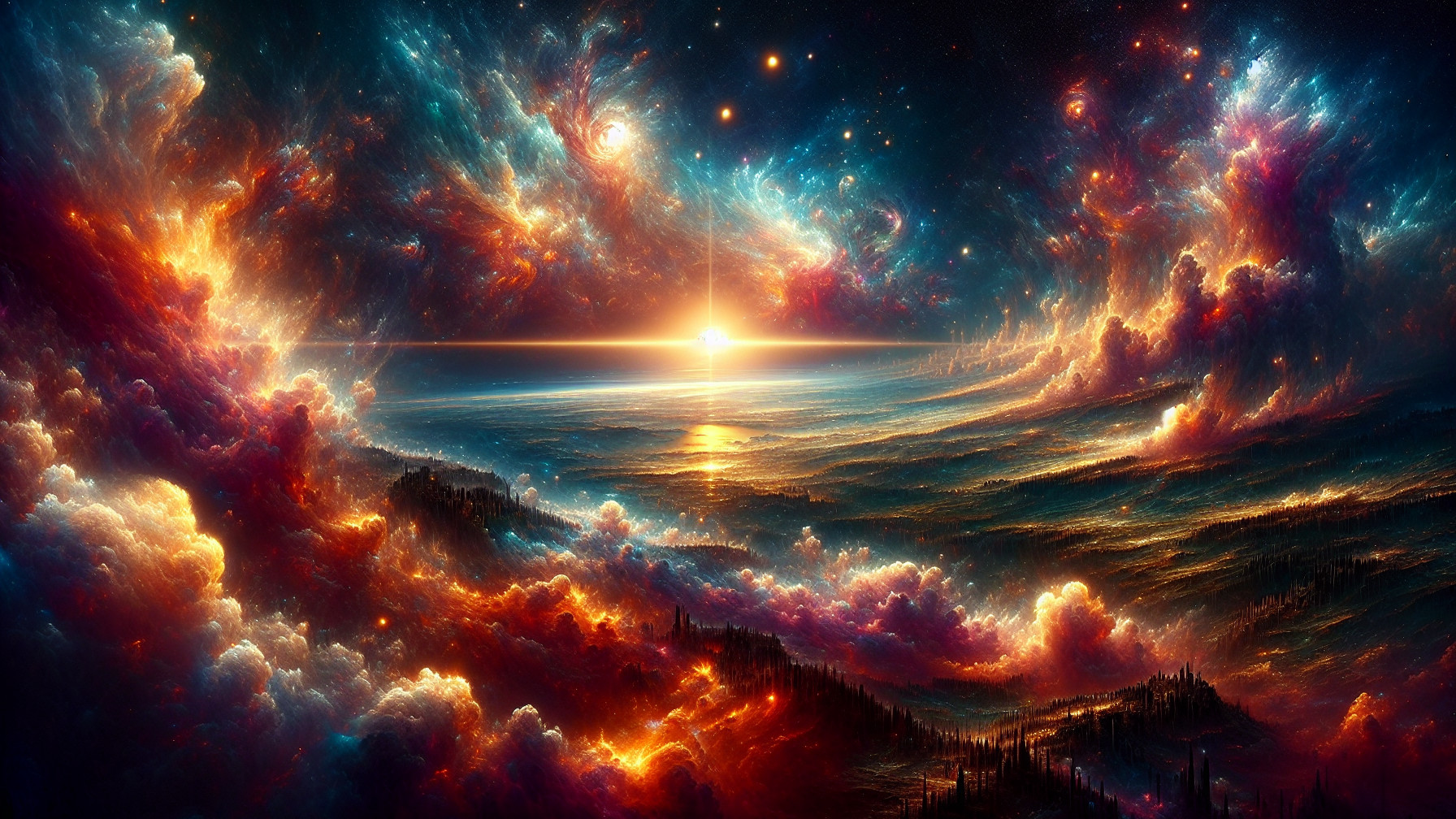 Vibrant Nebula and Cosmic Ocean Scene Description