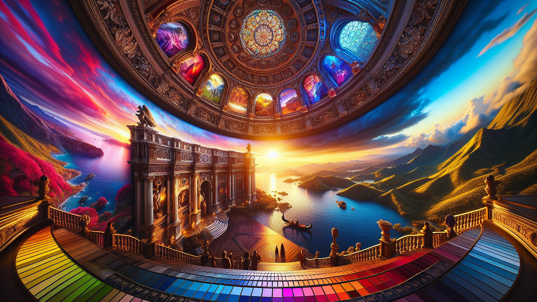 Surreal Grand Interior with Colorful Landscape Reflections