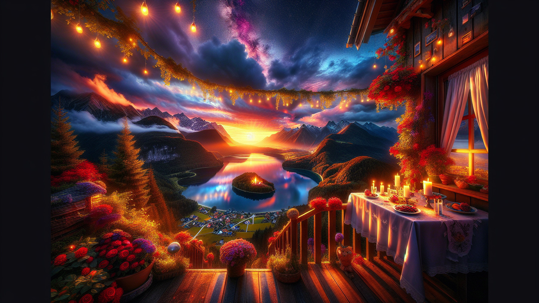 Vibrant Sunset Over Lake with Mountain Backdrop