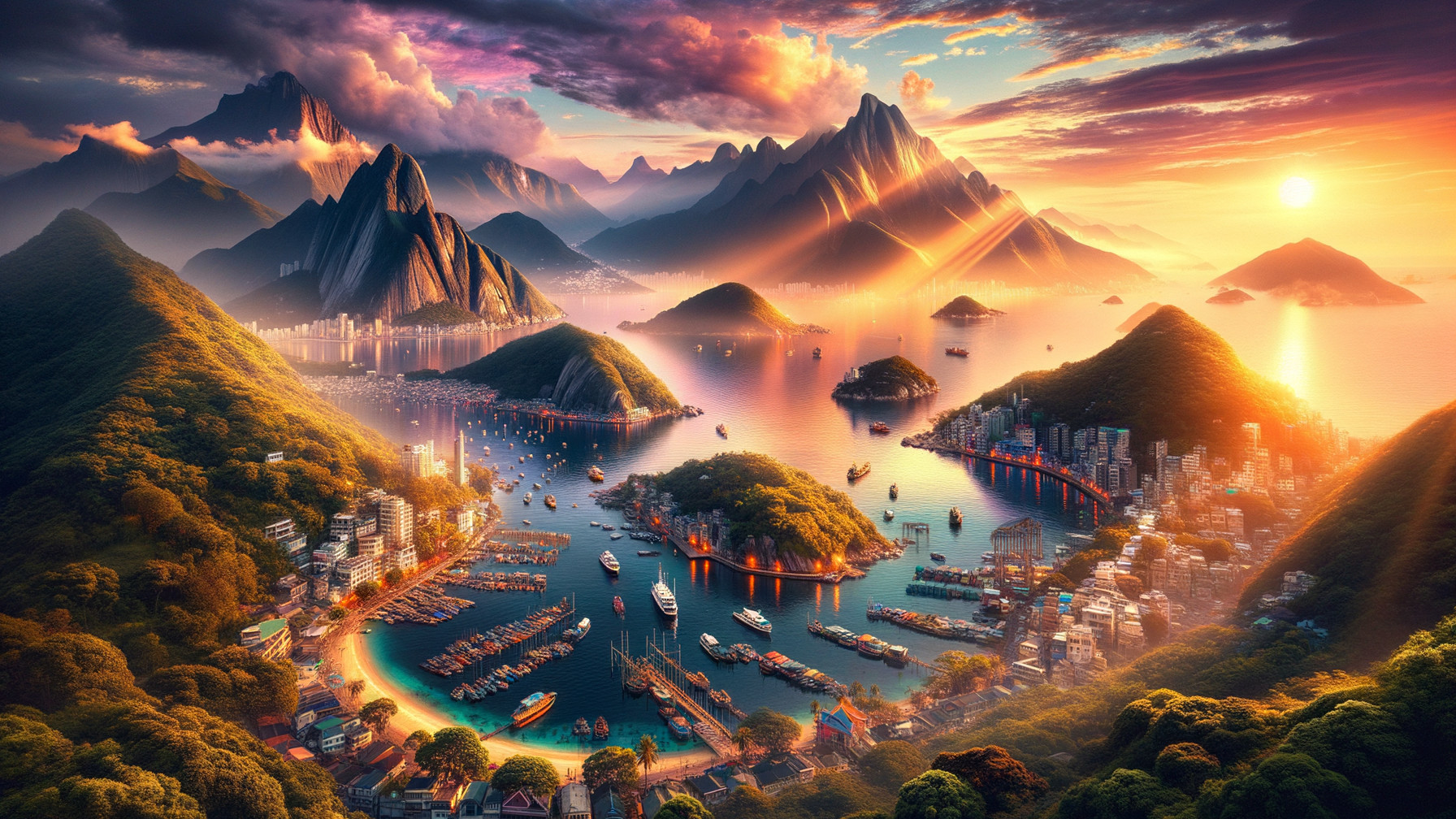 Sunset Landscape of Bay and Mountains with Cityscape