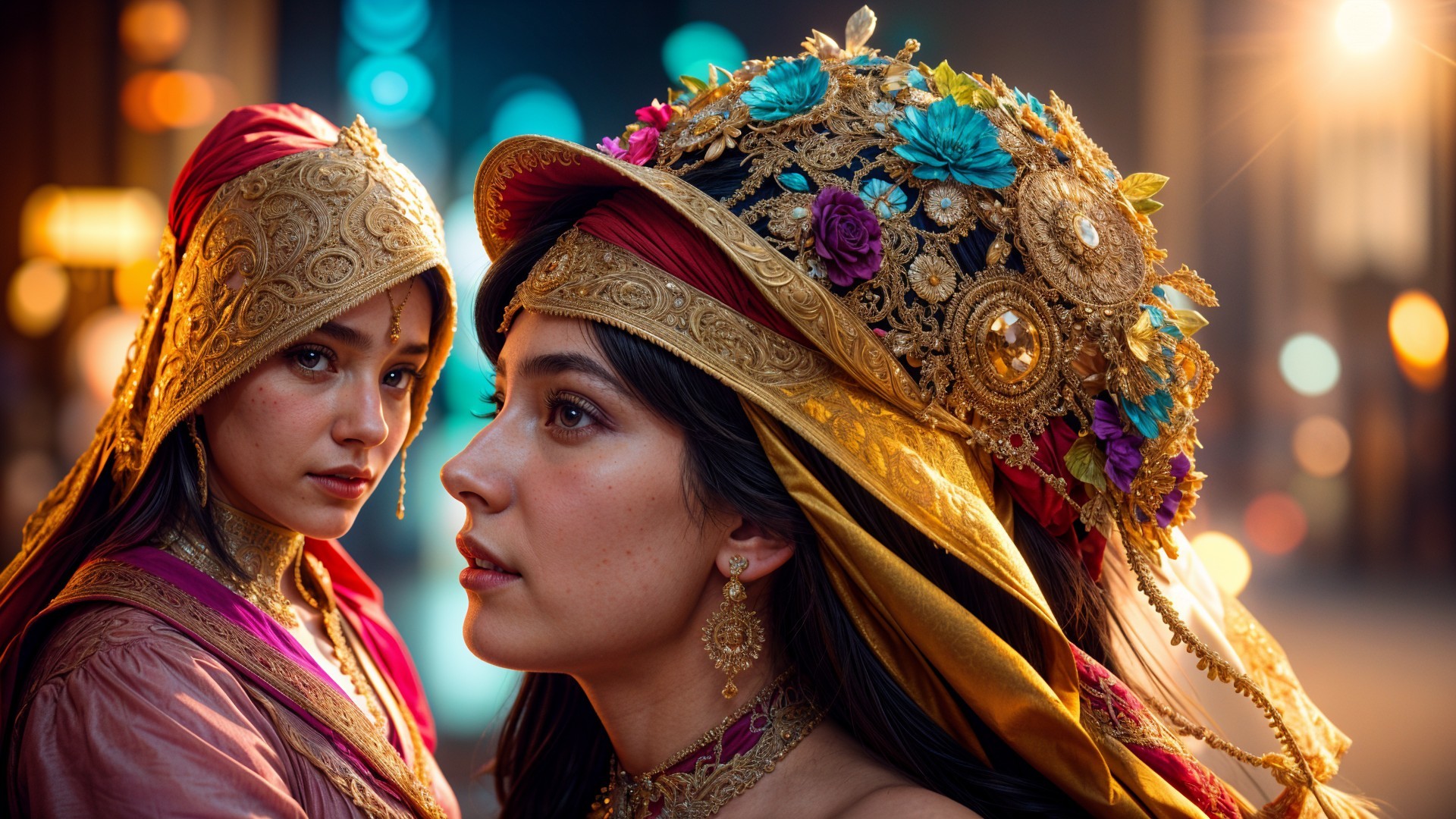 Traditional Attire and Jewelry with City Lights Backdrop