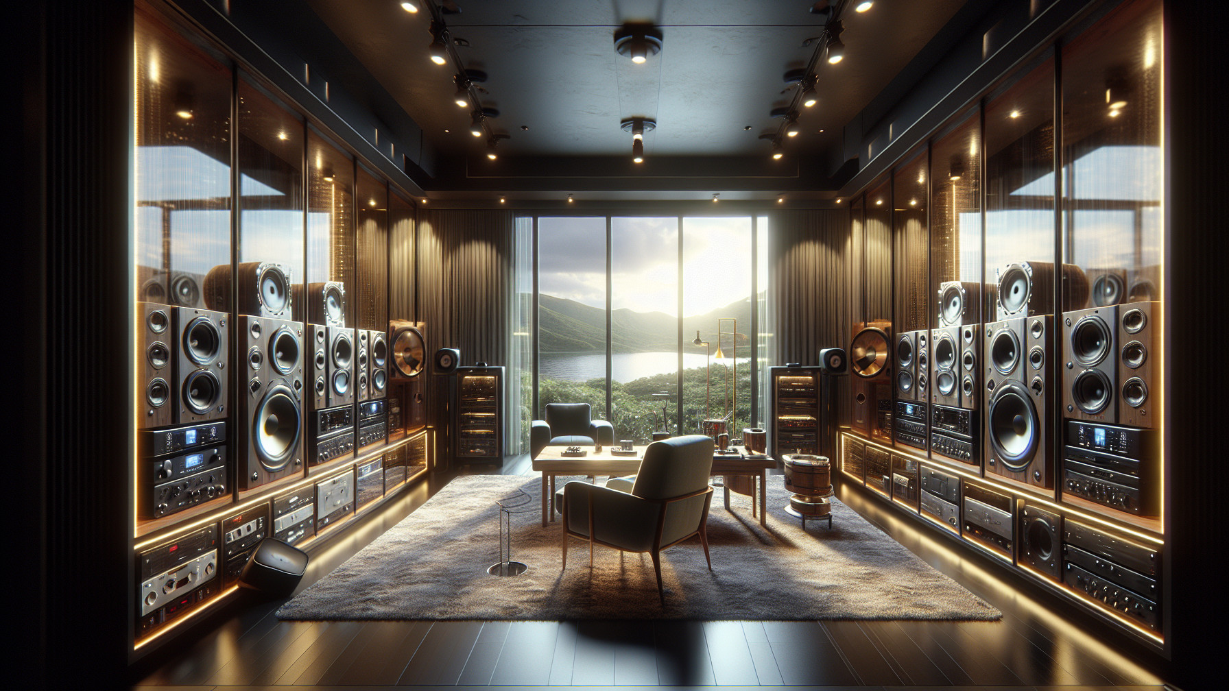 Luxurious Audio Room with Vintage Speakers and Scenic View