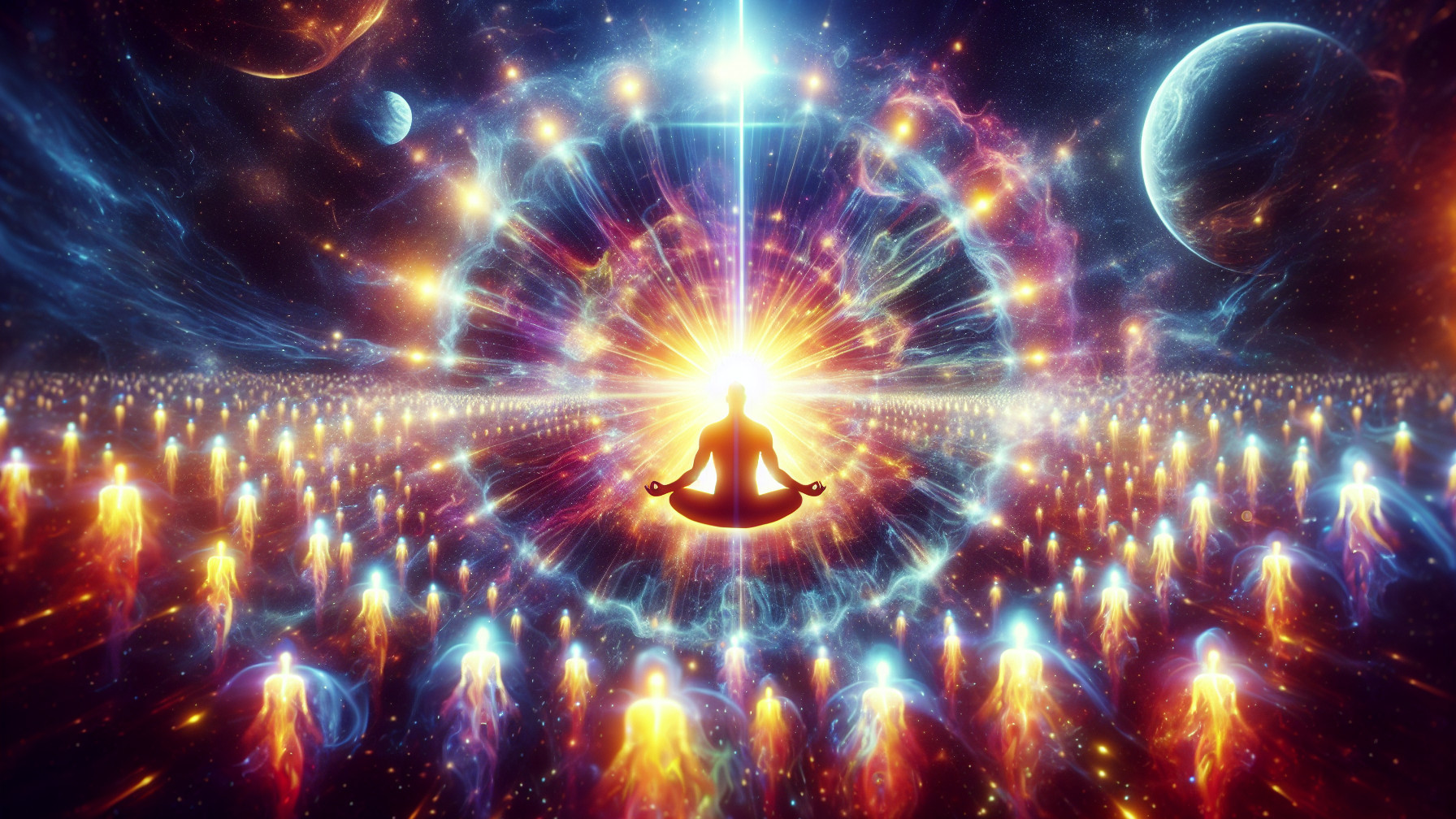 Meditative Figure in Vibrant Cosmic Landscape