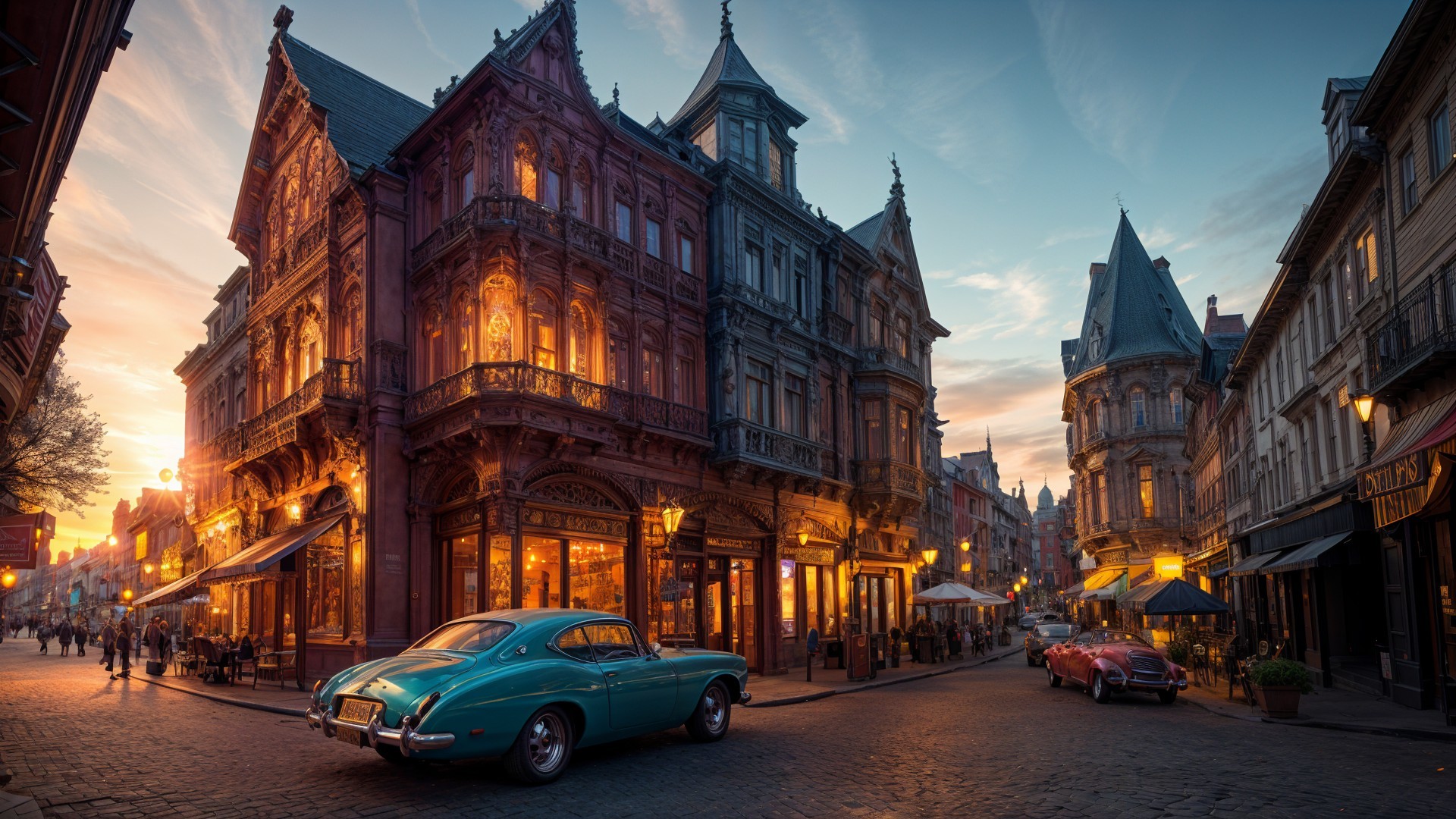 Charming Sunset Street with Vintage Buildings and Cars