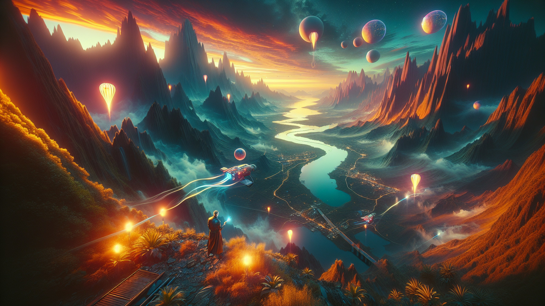 Surreal Landscape with Colorful Mountains and River