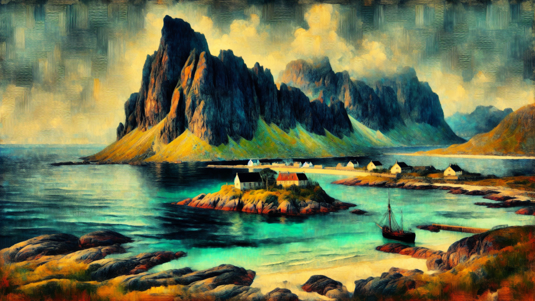 Coastal Scene with Mountains, Houses, and Fishing Boat