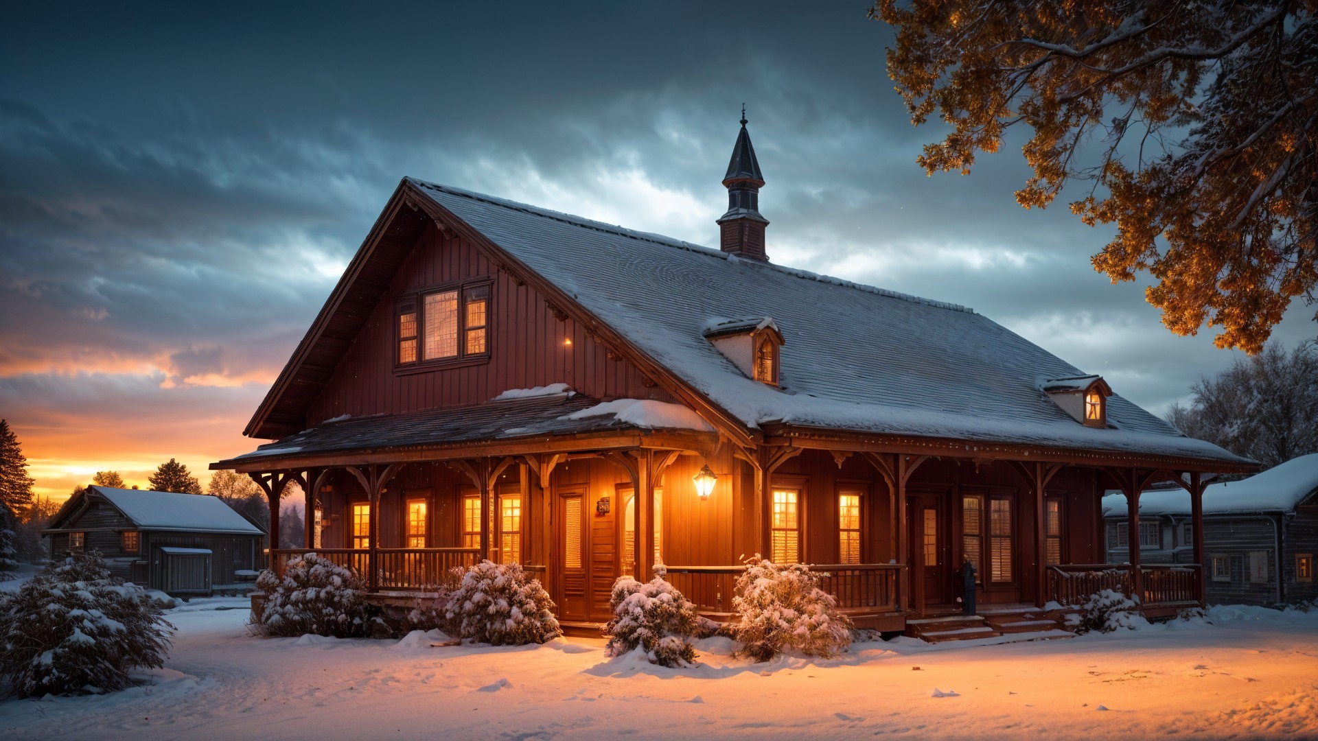 Wooden House Under Twilight Sky with Snow Covering