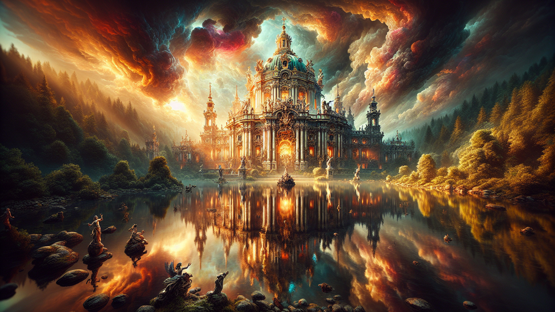 Majestic Palace on Calm Lake Surrounded by Forests