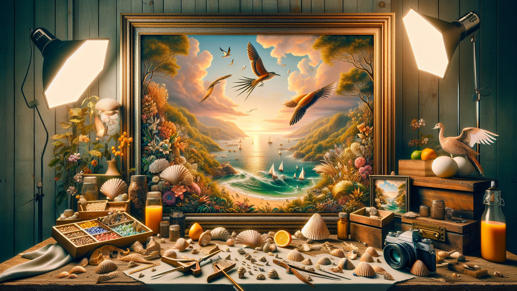 Vibrant Art Studio with Coastal Landscape Painting