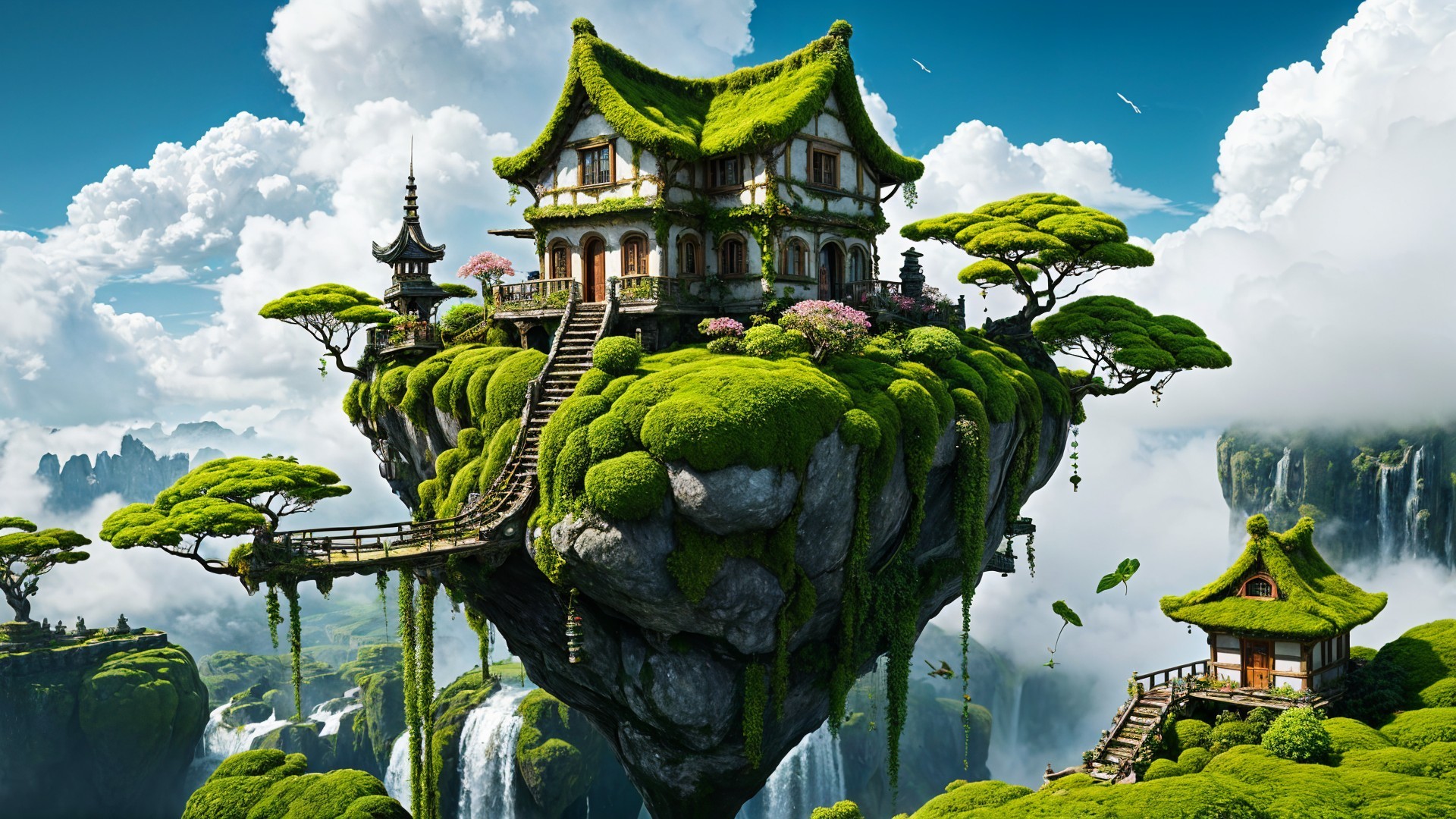 Whimsical Floating Island with Moss-Covered House