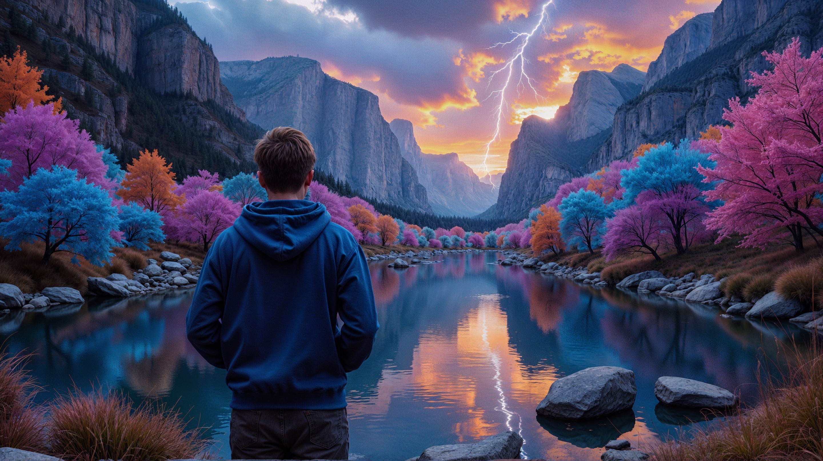 Person gazing at a vibrant landscape with lightning
