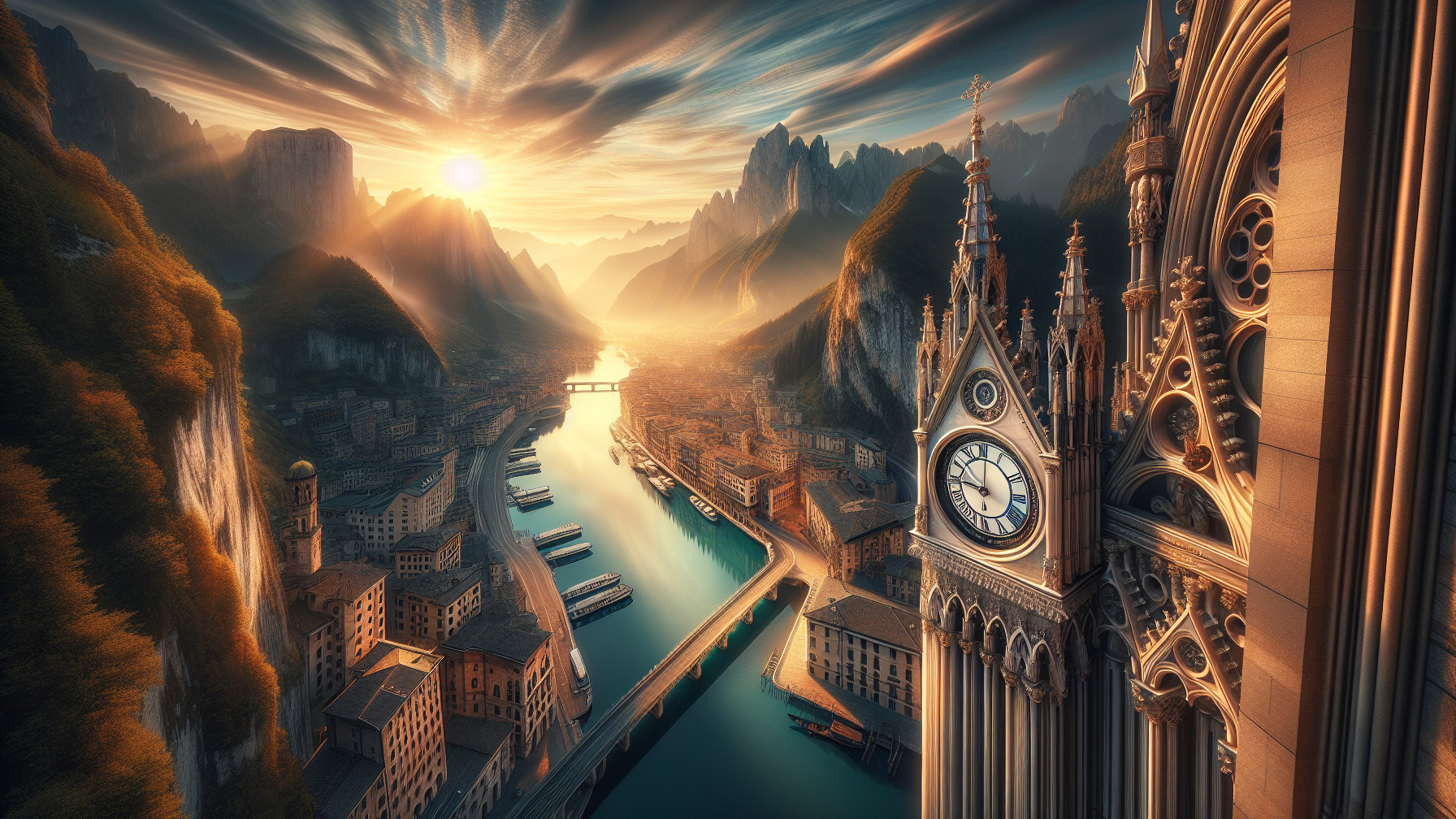Mountainous European City at Sunrise with Clock Tower