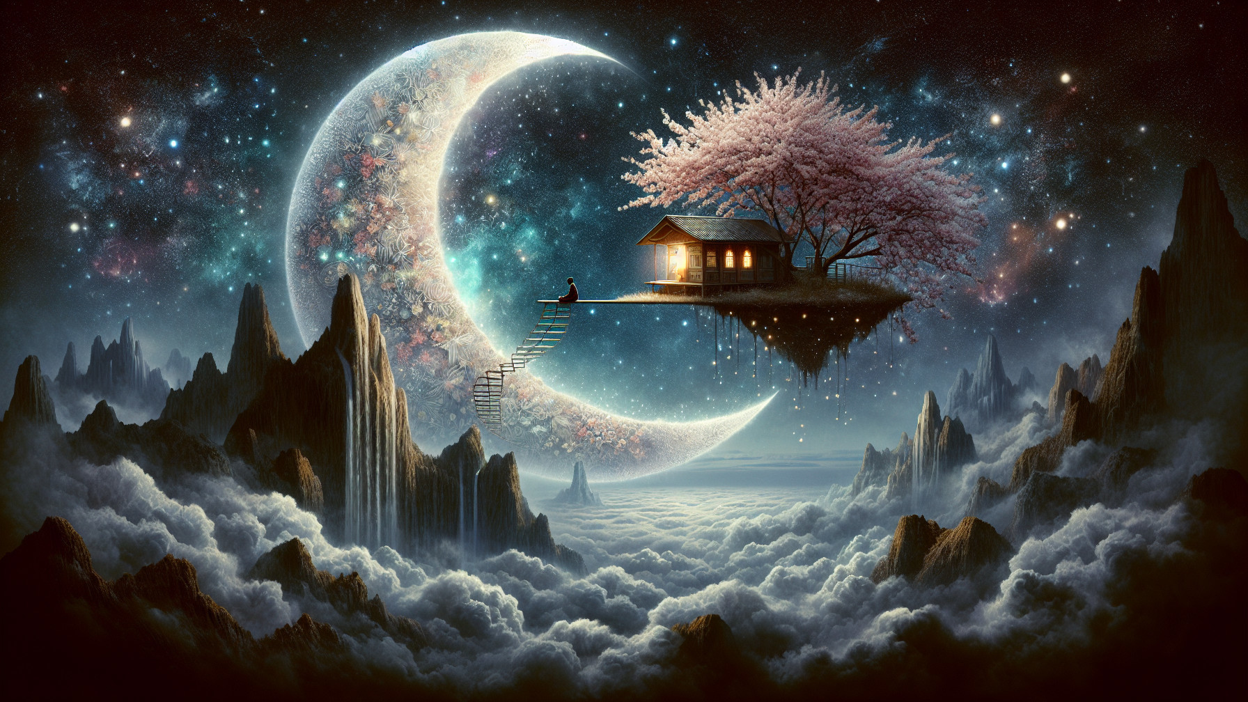 Dreamlike Landscape with Crescent Moon and Cherry Blossoms