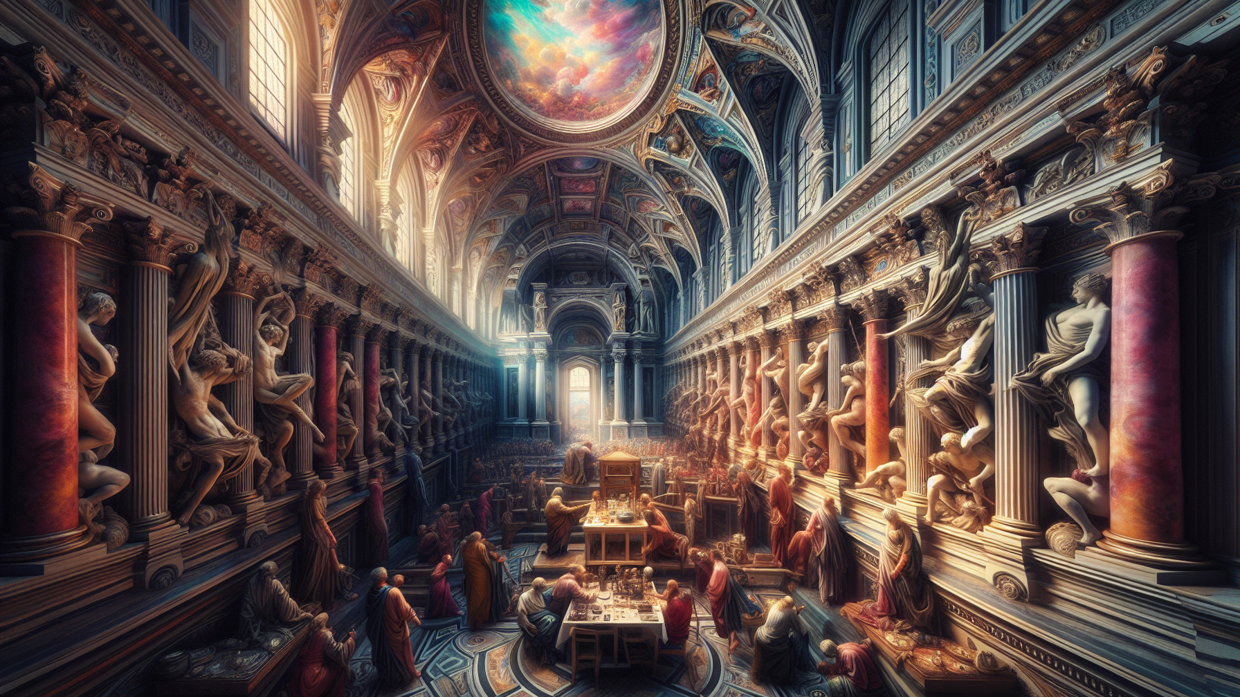 Lavish Grand Church Interior with Colorful Fresco