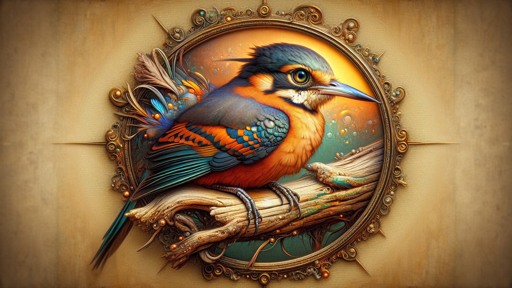 Detailed Kingfisher on Branch with Ornate Frame