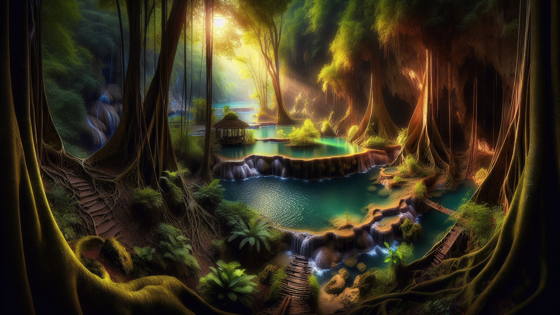 Lush Forest with Waterfalls and Turquoise Pools