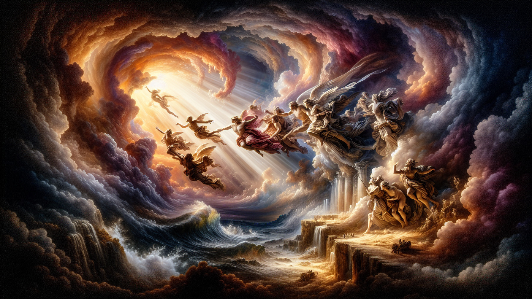 Dramatic Celestial Scene with Vibrant Sky and Waves