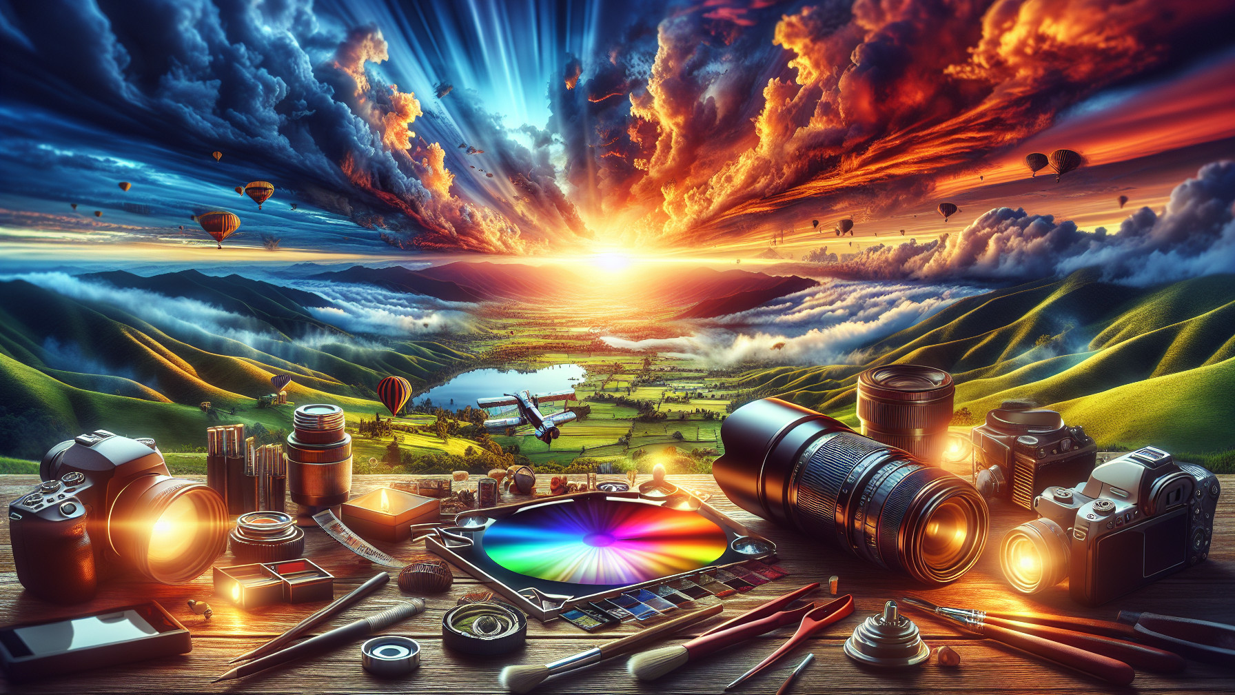 Vibrant Sunset Over Scenic Landscape with Photography Gear