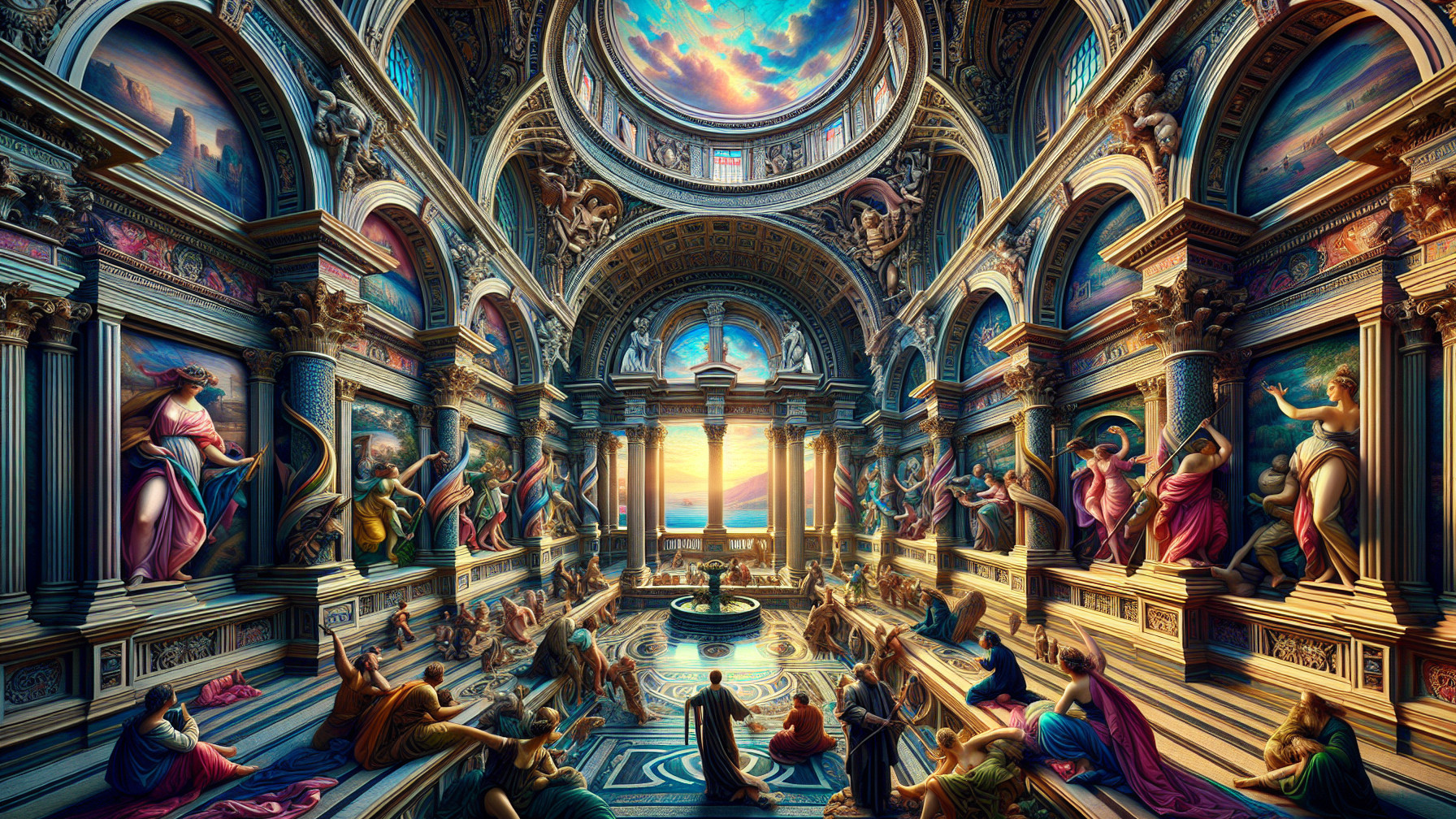 Opulent hall with towering columns and frescoes