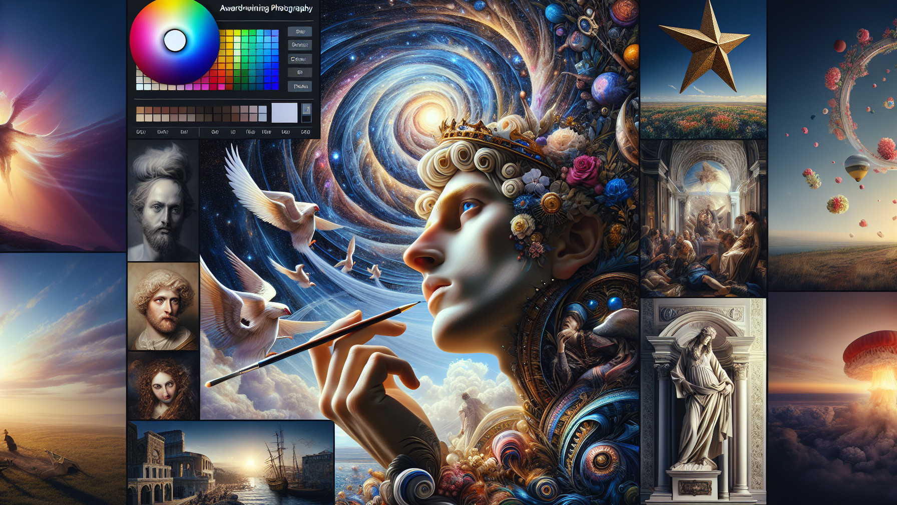 Surreal and Classical Elements in a Vibrant Collage