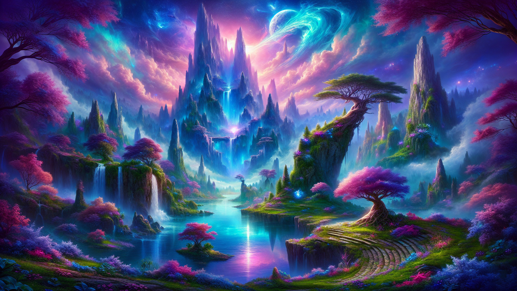 Iridescent Mountains and Serene Lake in Fantasy Landscape