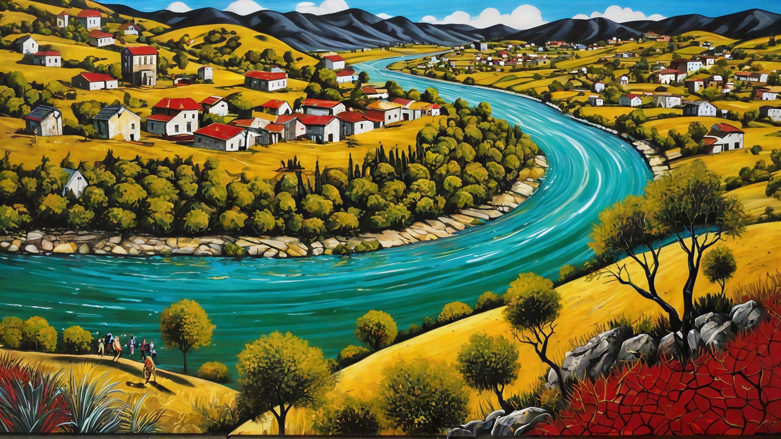 Vibrant Landscape with Turquoise River and Villages