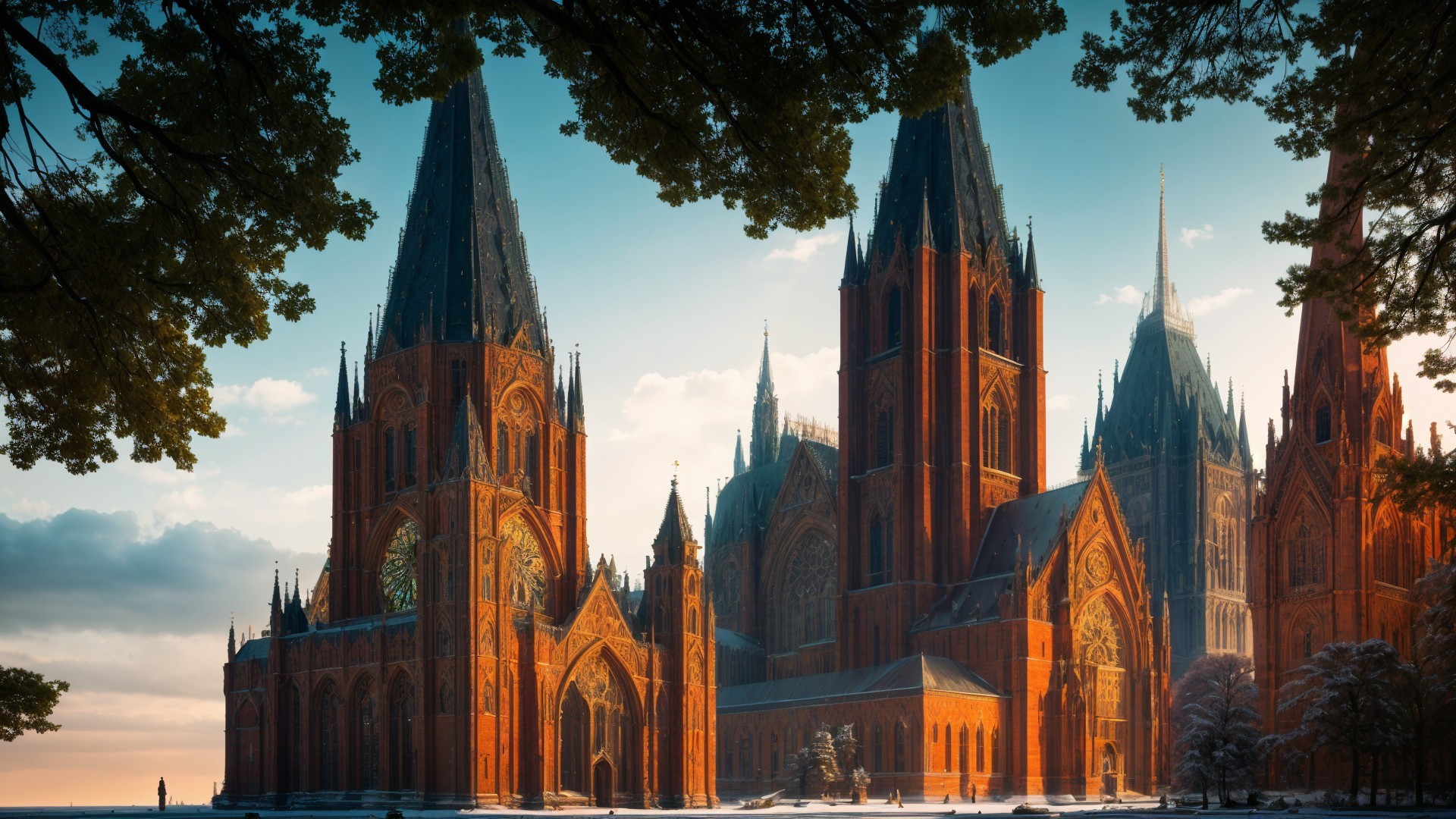 Gothic Cathedral with Intricate Spires and Stained Glass