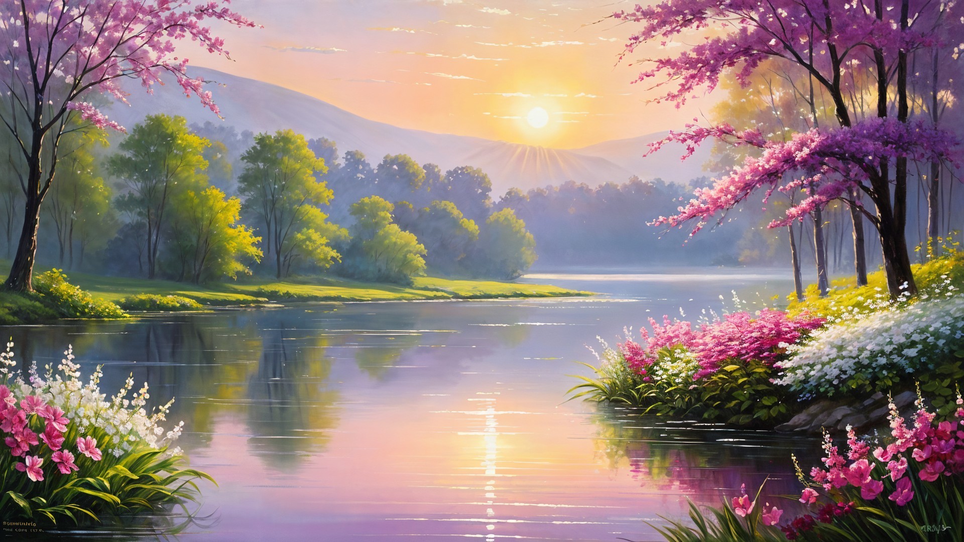 Serene Sunrise Landscape with River and Blooming Flowers