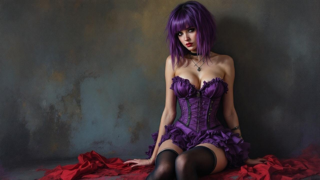 Woman in Purple Corset Dress Against Textured Backdrop