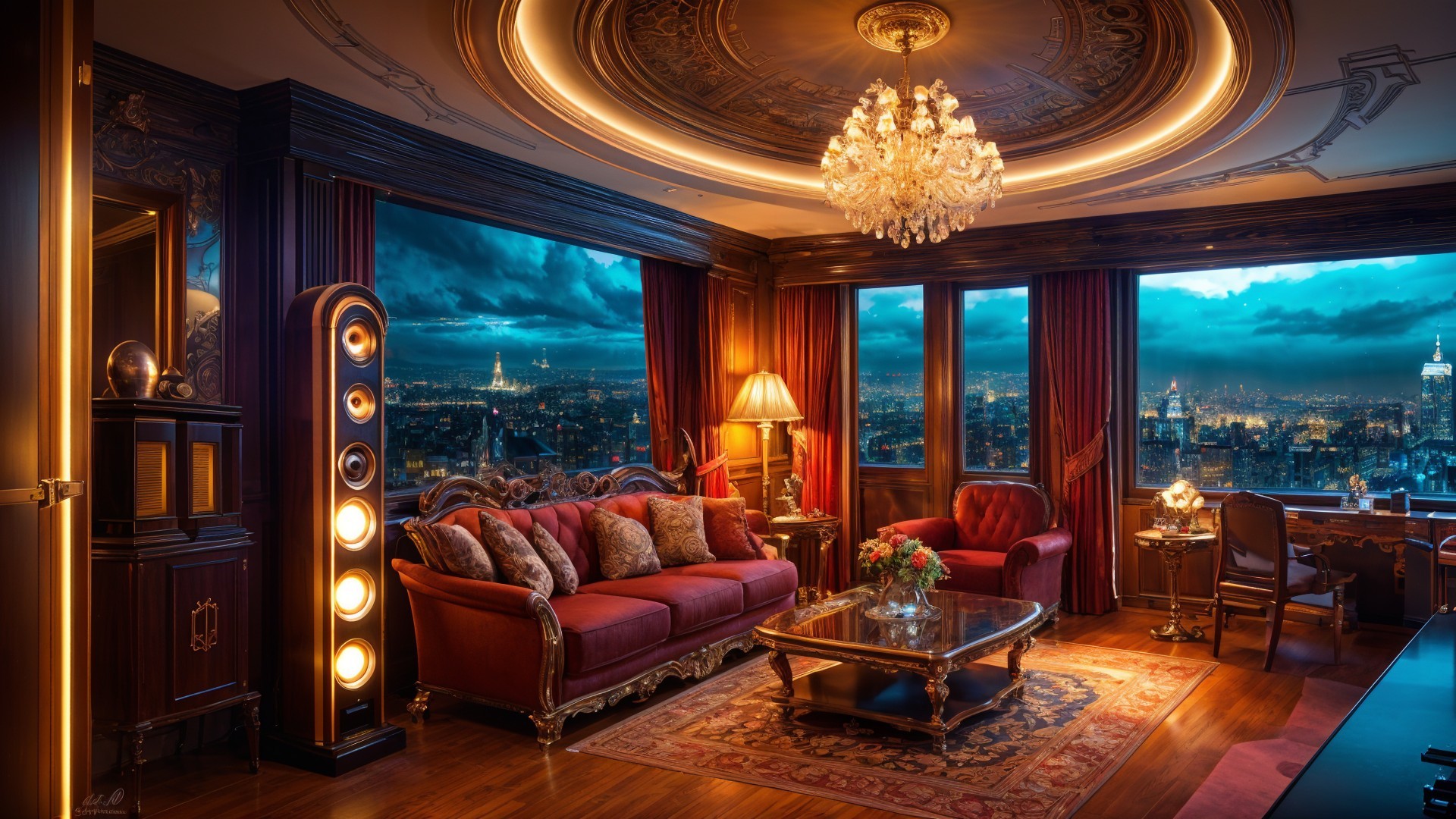 Luxurious Living Room with City Skyline View