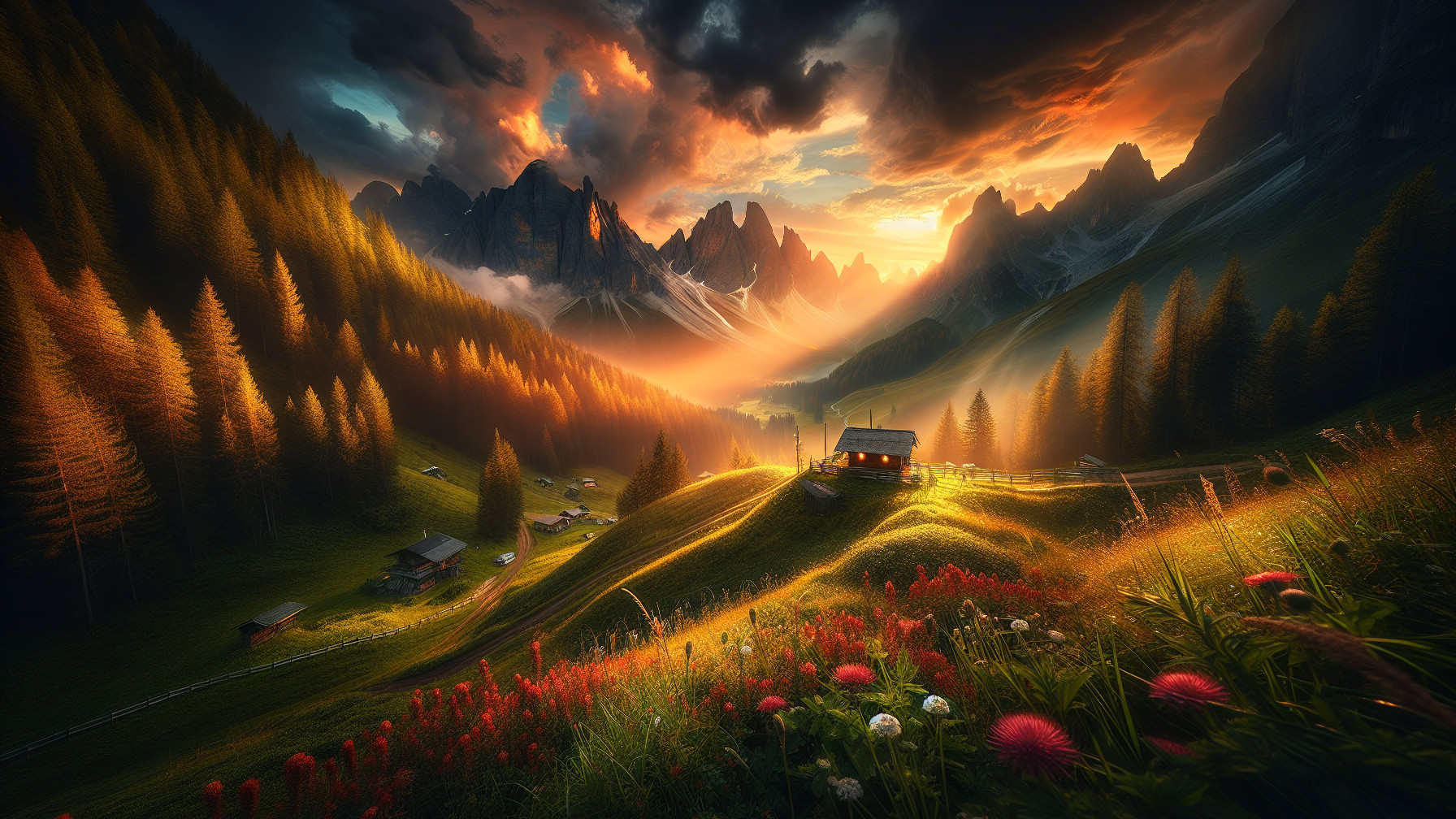 Sunset Landscape with Mountains and Wildflowers