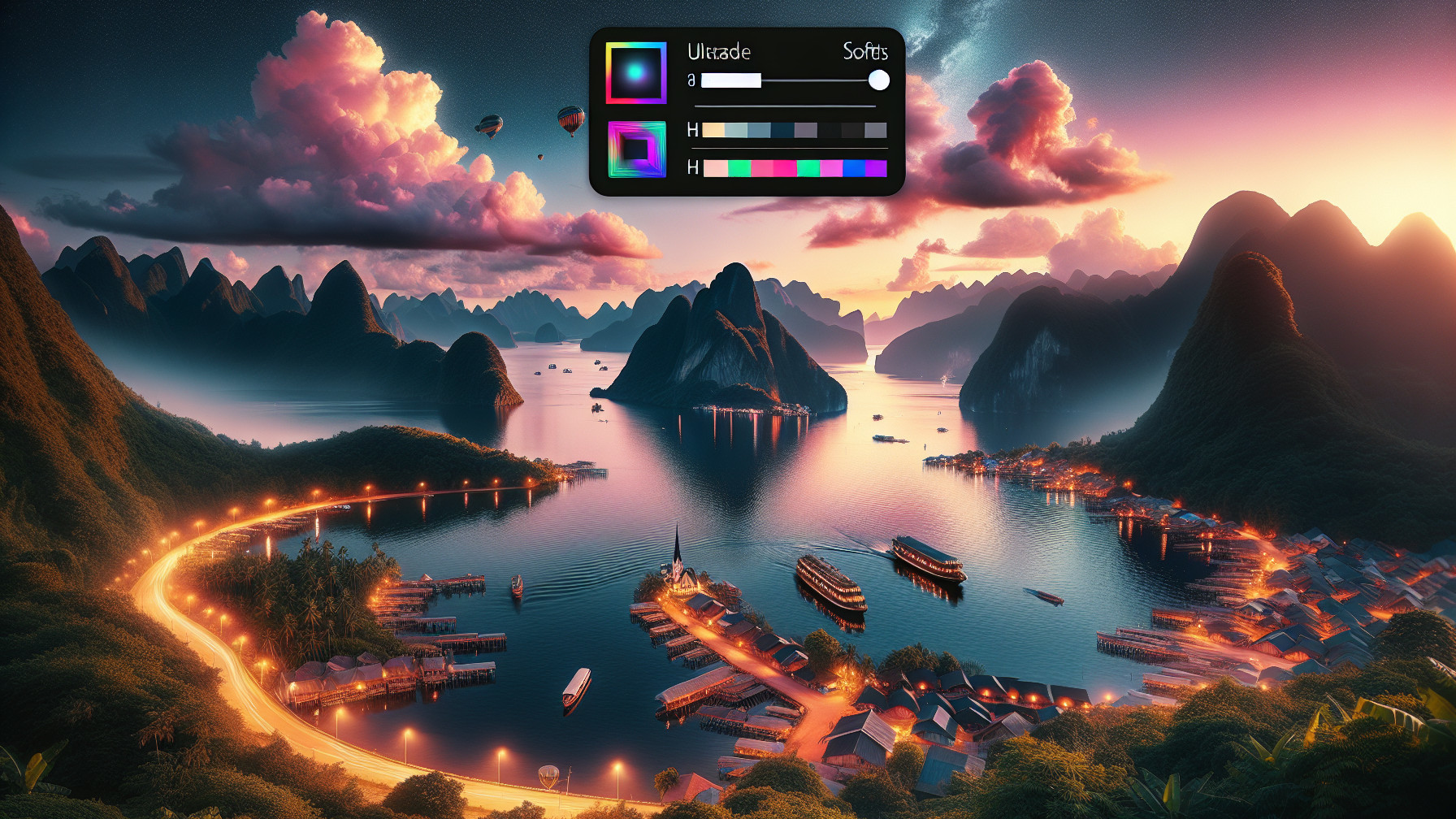 Serene Bay Landscape with Limestone Mountains at Sunset