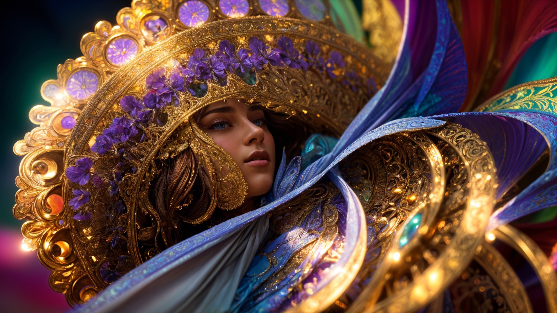 Regal figure in golden crown with flowing fabrics