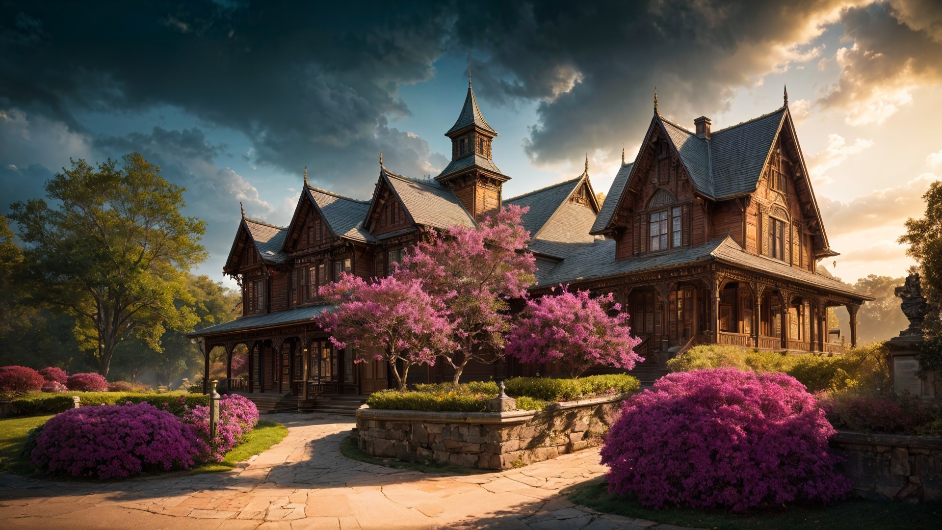 Victorian Mansion Surrounded by Pink Azaleas and Greenery