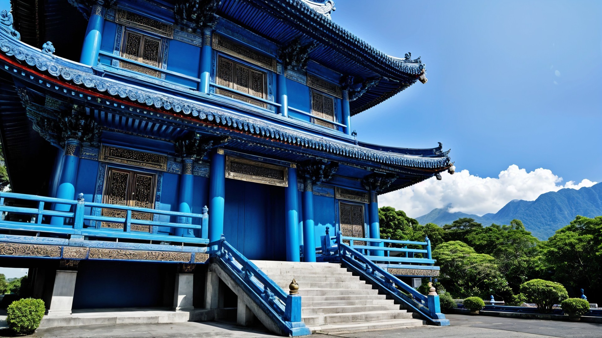 Blue Temple with Intricate Architecture and Scenic Landscape
