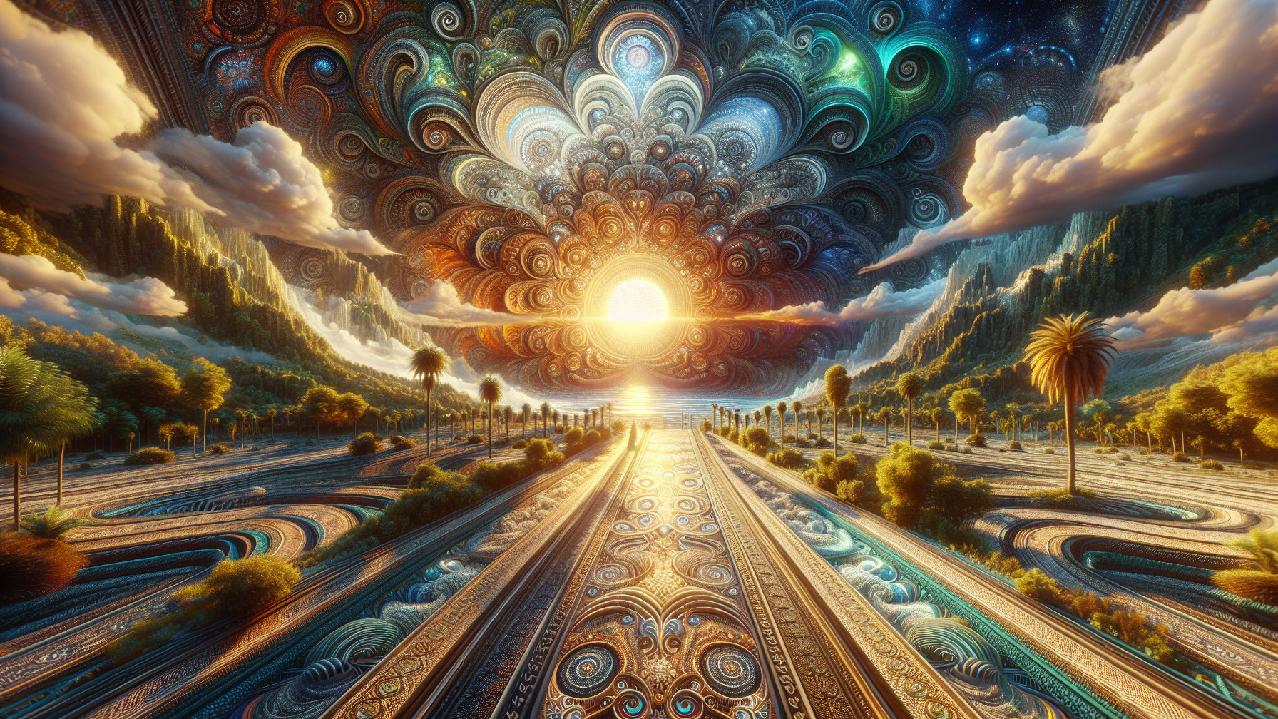 Surreal Landscape with Colorful Sky Patterns and Sun