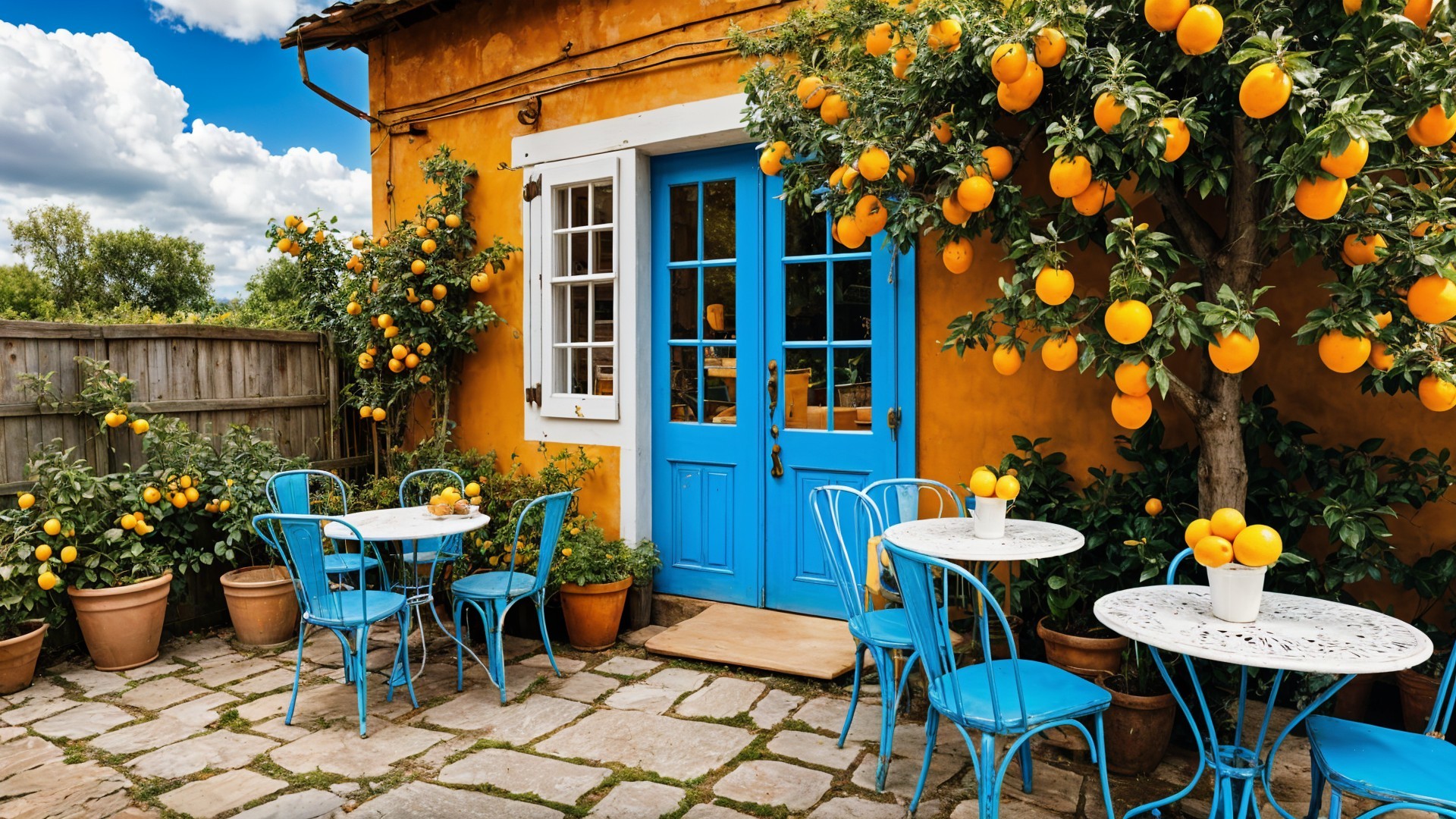 Charming outdoor café with vibrant blue furniture and citrus trees
