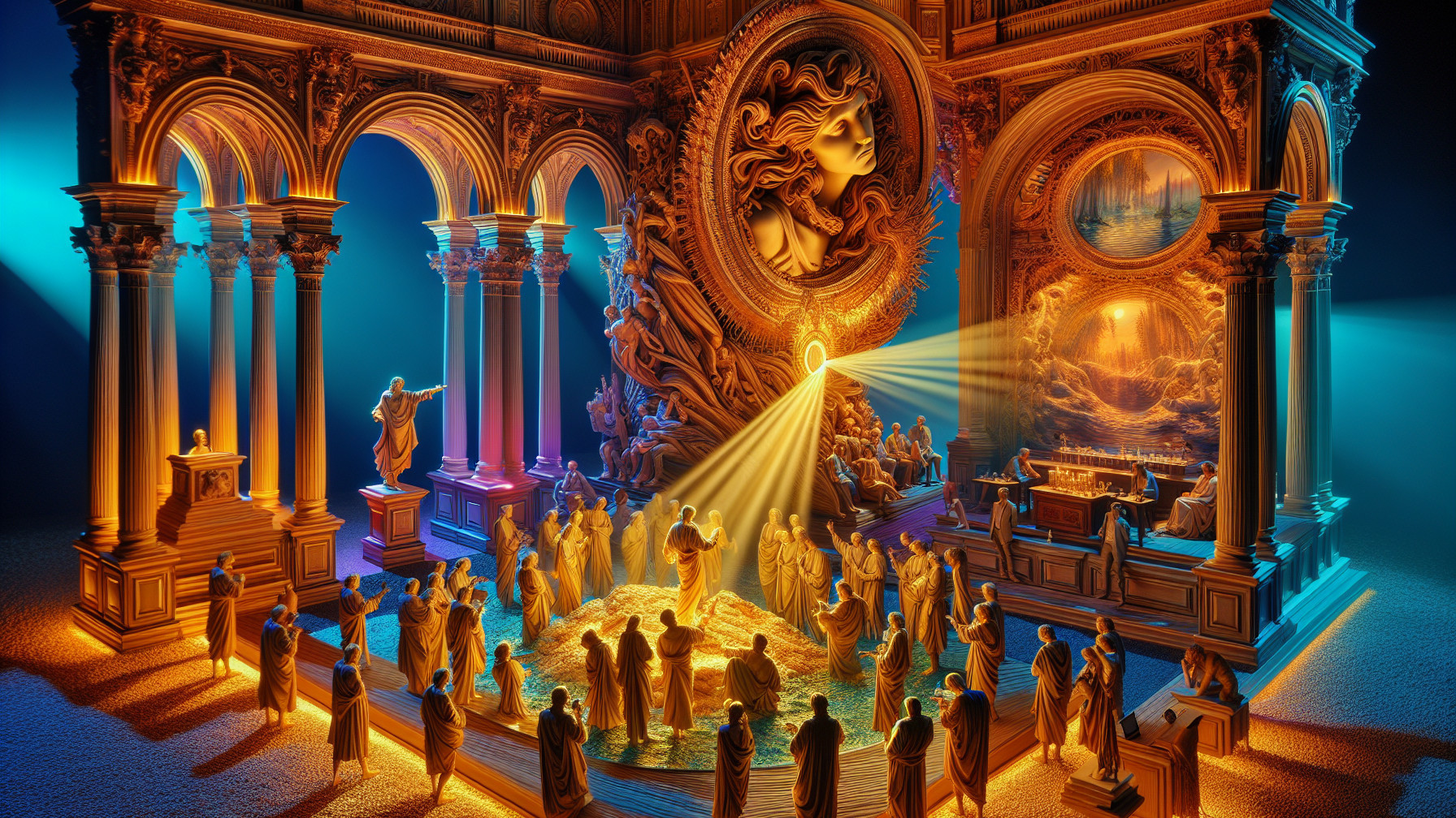 Ornate Grand Hall with Statues and Ritual Gathering