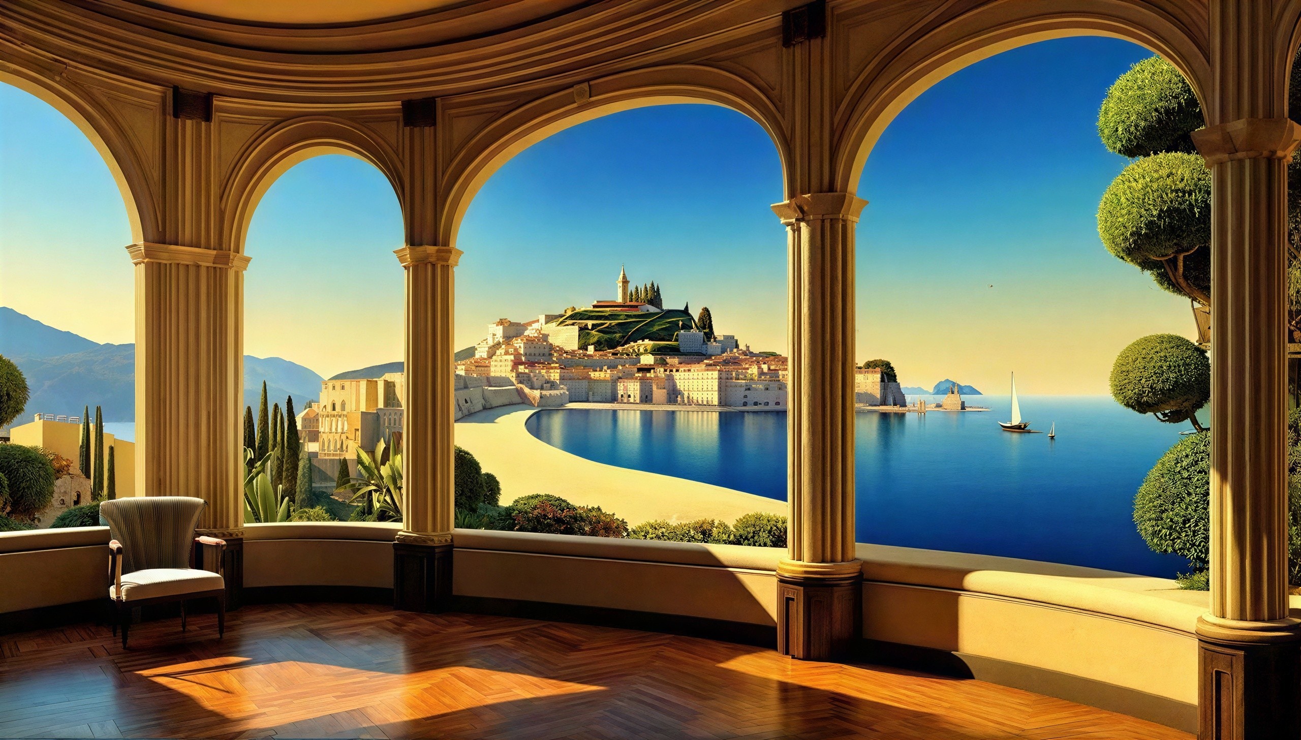 Elegant Hall with Arches Overlooking Mediterranean Sea